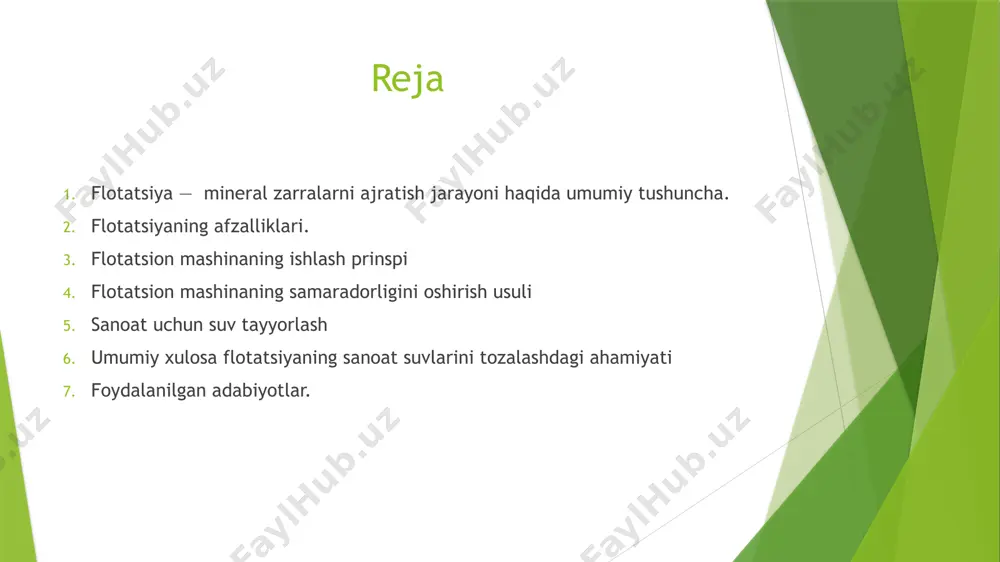 ta'minlaydi. aylanma suvlarning tozaligi, ularning qayta ishlanishi va ekologik xavfsizligi uchun juda muhimdir. flotatsiyaning afzalliklari 1. ilovaning keng doirasi va kuchli moslashuvchanligi. rangli metallar, nodir metallar va nodavlat metallar kabi turli xil mineral sohalarga qo'llanilishi mumkin va kimyoviy, qurilish materiallari, atrof-muhitni muhofaza qilish, qishloq xo'jaligi, tibbiyot va boshqa sohalarda keng qo'llanilgan. 2. yuqori darajadagi saralash samaradorligi, past darajadagi va nozik ko'milgan minerallarni qayta ishlash uchun javob beradi. 3. foydali qazilmalarni har tomonlama tiklanishiga turtki. boyitishni boshqa usullari bilan olingan qo'pol kontsentratlar, o'rtacha rudalar yoki chiqindilar keyinchalik kontsentratlar tarkibini, unumdorligini oshirish va undagi foydali tarkibiy qismlarni har tomonlama qayta tiklash uchun qayta ishlanishi mumkin. flotatsion mashinaning samaradorligini oshirish usuli (1) birinchidan, dorilarni tanlash (2) seriyali uyasi parallel uyadan tezroq. (3) tanlash tankining hajmi mos bo'lishi kerak. (4) flotatsiya mashinasi pervanelining tezligini oshiring va tegishli diapazondagi truba chuqurligini kamaytiring. sanoat uchun suv tayyorlash sanoat uchun suv tayyorlash suvdan molekular - erigan, kolloid …