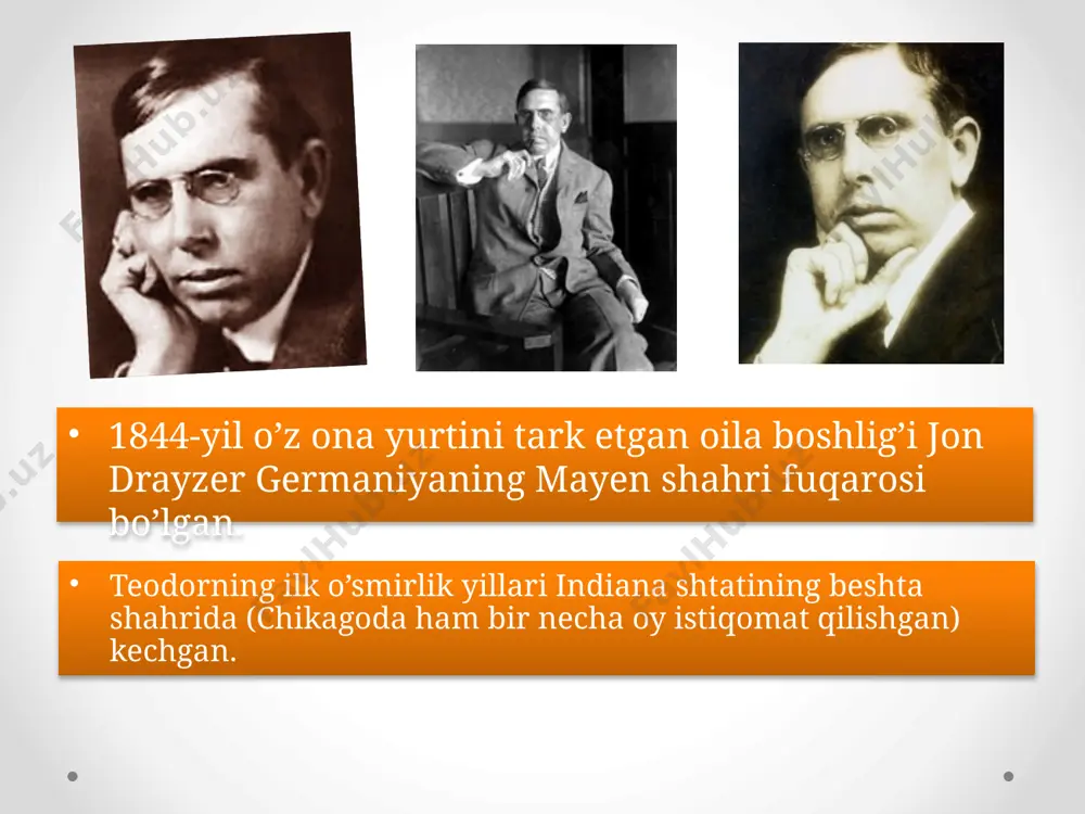 naturalizm tamoyillarini birlashtirgan “baxtiqaro kerri” (1973), “amerika fojiasi” (1976) va “jenni gerxardt” (1982) kabi romanlari o’zbek tiliga nashr qilindi. 8 ta yirik roman: shulardan “the bulwark” va “the stoic” drayzer o’limidan keyingina nashr etilgan. “the bulwark” “titan” “american tragedy” “the stoic” “the bulwark” “the genius” “jenny gerhardt” “sister carrie” drayzer “america is worth saving” asarida ingliz imperialistlarining yordamiga qarshi chiqqan, urushdan foyda oladigan amerikaliklarni tanqid ostiga olgan . akademiya drayzerning mashhur asarlari sanalmish “baxtiqaro kerri” hamda “amerika fojiasi” asarlarini buyuk romanlar qatoriga kiritgan, ular asosida bir qancha filmlar suratga olingan. realizm – (lotincha realis – moddiy haqiqiy ) falsafiy yo’nalish . unga ko’ra, ongdan tashqaridagi mavjud reallik goyo ideal obektlarning mavjudligidan yoki subektni bilish jarayonida va tajribaga bog’liq bo’lmagan bilish obektidan iboratdir. xix asrdan boshlab ko'pchilik xalqlar adabiyotida yetakchi ijodiy usul sifatida tanqidiy realizm maydonga chiqadi 1775-yili amerika abolitsionistlatining birinchi tashkiloti barpo qilingan edi. foydalanilgan adabiyotlar qayumov l. “chet el …