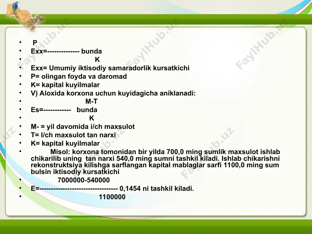 i va boyligini tarkibini kuzatish, sof mablag xolatini aniklash, imkoniyat meyorini ulchashga yordam beradi. odatda korxona mablaglariga asosan vositalar va oborotlardan tashkari aktivlar material (me`yorlashtirilgan) aylanma pul mablaglari kiradi.