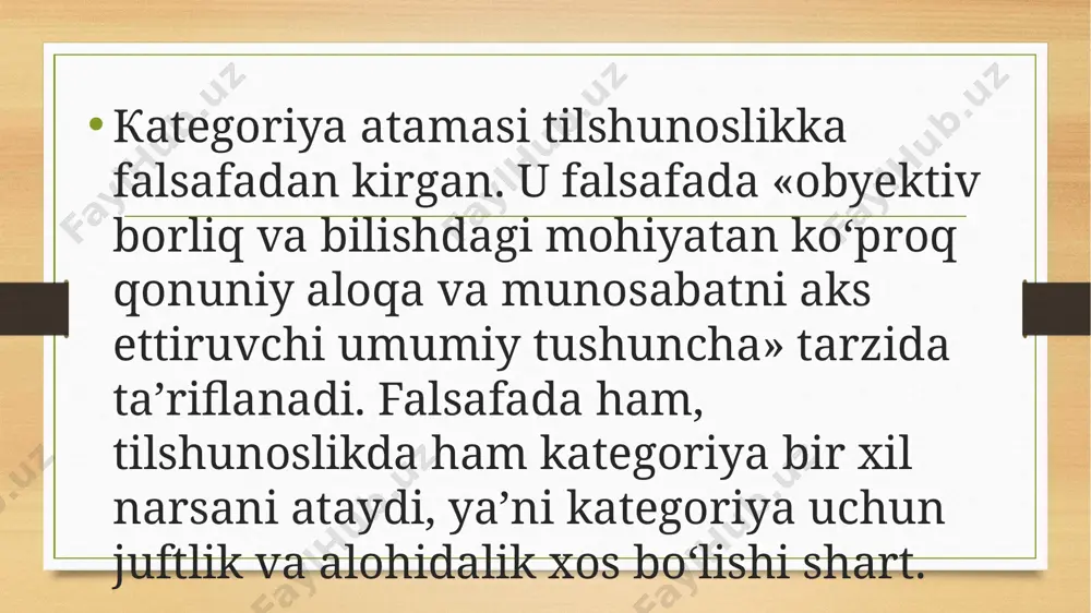 egalik kategoriyasida uch xil ma’no mujassamlashgan bo‘ladi: lisoniy va nolisoniy munosabat ma’nosi shaxs ma’nosi son ma’nosi image5.png image6.png image3.png image4.png /docprops/thumbnail.jpeg