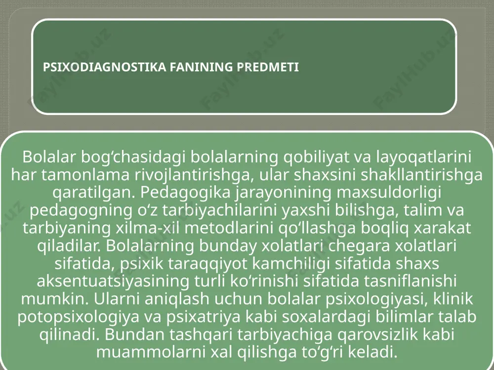 ik tekshiruv vazifalaridan kelib chiqib, tavsiyalar ishlab chiqishga qaratilgan psixolog faoliyatining so‘nggi natijasidir. psixodiagnostik tadqiqotlar amaliyotida psixologik diagnoz qo‘yishning 3 bosqichi farqlanadi. simptomatik diagnozda dasturi mavjud har qanday exm bajarishi mumkin bo‘lgan tadqiqotda olingan natijalar qayta ishlanadi. etnologik dagnozda (kelib chiqish sabablari) biror xususiyatning mavjudligini emas, balki uning vujudga kelish sabablari ham xisobga olinadi. tipologik dagnozda sinaluvchi shaxs tuzilishida olingan natijalarning axamiyati va o‘rni aniqlanadi. psixodiagnostik tadqiqotlarning vazifalari va xususiyatlari. bolalarni psixodiagnostik tadqiq qilish yosh xususiyatlariga, u yoki bu yosh davri uchun etakchi faoliyat turining ta’siriga, individual tipologik tavsifnomalarning taraqqiyot darajasiga bog‘liq ravishda ba’zi xususiyatlarga ega. bola taraqqiyotining har bir yosh davri bolalar bilan ishlashning usullari va vazifalarini talab qiladi. psixodiagnostik tadqiqotlarning vazifalari va xususiyatlari. eksperimental tadqiqotdan olingan natijalar oilada, bog‘chada, maktab va boshqa jamoat joylarda individual va guruhiy tarbiyaviy-pedagogik tadbirlar sxemasini tuzishda qo‘llanishi mumkin. o‘qituvchi o‘z ishida doimo bolalar psixofizik taraqqiyoti masalalari bilan to‘qnashadi. uni vaqtinchalik natijalargina emas, (masalan, …