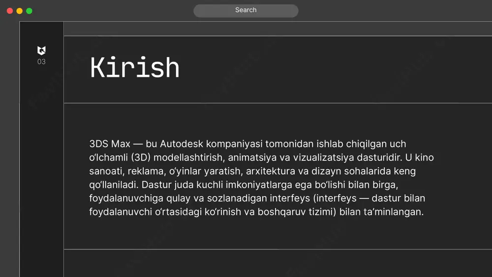 in. shuningdek, sozlamalar fayli (layout) sifatida saqlanib, keyinchalik qayta yuklanadi. 08 viewport tartibini o‘zgartirish odatiy holatda 4 ta viewport mavjud: top, front, left, perspective. lekin foydalanuvchi ularning joylashuvi, soni yoki ko‘rinish turini o‘zgartirishi mumkin. masalan, bitta yirik “perspective” oynasi bilan ishlash qulay bo‘lishi mumkin. interfeys ranglarini o‘zgartirish customize → preferences → colors menyusi orqali dastur rang sxemasini o‘zgartirish mumkin. bu ayniqsa kechasi ishlovchi dizaynerlar uchun foydalidir, chunki qoramtir fon ko‘zga kamroq zarar yetkazadi. search foydalanuvchi interfeysining qulayligi va afzalliklari 3ds max interfeysi: modulli tuzilishga ega (har bir panel mustaqil); interaktiv (real vaqt rejimida o‘zgarishlarni kuzatish mumkin); qisqa buyruqlar tizimi (hotkeys) orqali tez ishlash imkonini beradi; har bir foydalanuvchi uchun shaxsiy ish muhiti yaratish imkonini beradi. bu xususiyatlar 3ds max’ni dunyodagi eng ommabop 3d dasturlardan biriga aylantirgan. 09 search 3ds max’ning “workspaces” tizimi 3ds max’da workspace (ish muhiti) tushunchasi mavjud. bu – interfeysning butun tuzilmasini (panellar, oynalar, menyular) oldindan belgilangan holatga …