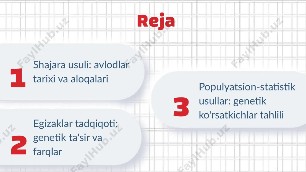 z kelajagimizni rejalashtirishda yordam berish. shajara usuli, insonlarning o'zaro aloqalarini va merosini o'rganishda muhim ahamiyatga ega. ushbu usul orqali biz nafaqat o'z oilamizni, balki kengroq jamiyatni ham o'rganish imkoniyatiga ega bo'lamiz. shajara usulini qo'llash, avlodlararo aloqani kuchaytiradi va tarixiy merosimizni yanada yaxshiroq tushunishga yordam beradi. shajara usulining cheklovlari shajara usuli antropogenetika sohasida ma'lumotlarni to'plash va tahlil qilishda ba'zi cheklovlarga ega. 1. ma'lumotlarning to'liq emasligi: tarixiy yozuvlar va oilaviy tarixlar to'liq bo'lmasligi mumkin. 2. tarixiy manbalar: eski yozuvlar va ma'lumotlar ishonchliligi shubha ostida bo'lishi mumkin. 3. qiyinliklar: shajara usuli ba'zi hollarda genetik ma'lumotlarni aniqlashda muammolar keltirib chiqarishi mumkin. 4. shaxsiy bias: tadqiqotchilarning shaxsiy fikrlari natijalarni ta'sir qilishi mumkin. shajara usuli orqali o'zaro ta'sir va genetik farqlarni tahlil qilishda genetik aloqalar aniqlanadi. lekin, bu usul har doim to'liq rasmini bermasligi mumkin, chunki ba'zi genetik o'zgarishlar tarixiy ma'lumotlarda ko'rsatilmagan. shajara usulining cheklovlarini bartaraf etish uchun kelajak tadqiqotlari yangi texnologiyalardan foydalanishni o'z ichiga olishi …