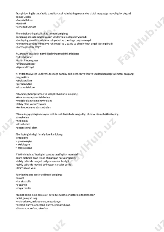 aniqlang: ontologiya = gnoseologiya = aksiologiya = praksiologiya ?"ikkinchi tabiat" borlig'ini qanday tavsif qilish mumkin? odam mehnati bilan ishlab chiqarilgan narsalar borlig'i =tabiiy tabiatda mavjud bo'lgan narsalar borlig'i =tabiiy tabiatda mavjud bo'lmagan narsalar borlig'i =to'g'ri javob yo'q ?borliqning eng asosiy atributini aniqlang: harakat =harakatsizlik =o'zgarish =o'zgarmaslik ?tabiat borlig'ining darajalari qaysi tushunchalar qatorida ifodalangan? tabiat, jamiyat, ong =makrodunyo, mikrodunyo, megadunyo =organik dunyo, anorganik dunyo, ijtimoiy dunyo =biosfera, noosfera, ekosfera ?olamdagi narsa, voqea va jarayonlarga xos bo'lgan aniq, yagona, takrorlanmaydigan belgilar hamda xususiyatlarni ifodalaydigan falsafiy kategoriyani aniqlang: alohidalik kategoriyasi = umumiylik kategoriyasi =xususiylik kategoriyasi =to'g'ri javob yo'q ?olamdagi narsa va hodisalar doimo o'zgarib, rivojlanib boradi, bu jarayonlarda narsalar doimo paydo bo'ladi, o'zgarib turadi. bu holat falsafaning qaysi kategoriyalarida o'rganiladi? mohiyat va hodisa =zaruriyat va tasodif =imkoniyat va voqelik =miqdor va sifat ?voqelikdagi sababiy bog'lanishlar bilan aloqador ikki falsafiy oqimni aniqlang: sinergetika va struktualizm =dialektika va metafizika =sofistika va ekletika =determinizm va indeterminizm …