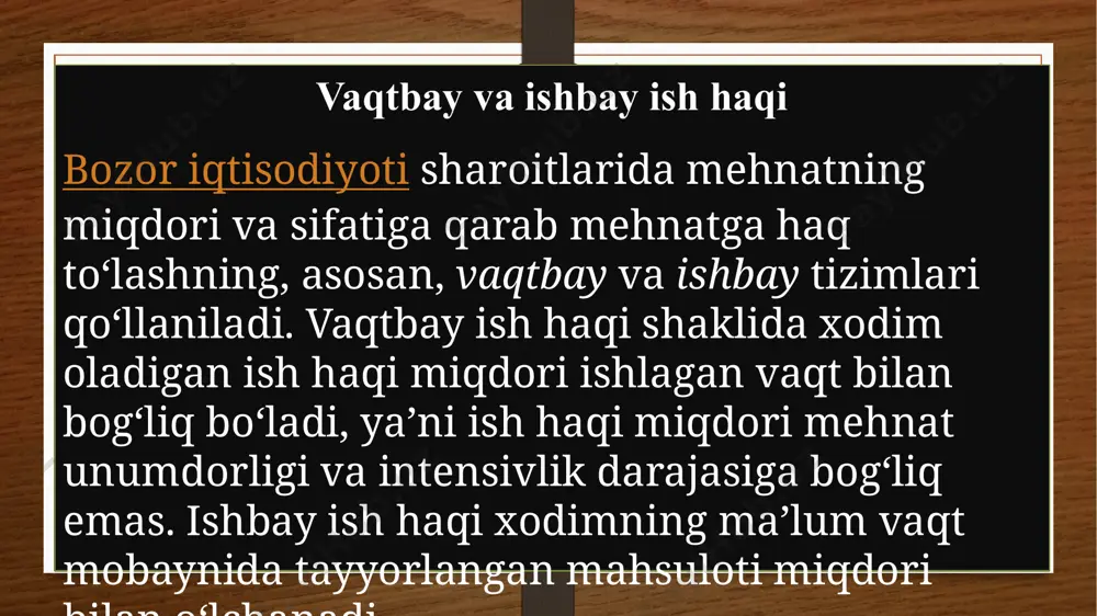 asosiy yoʻnalishda amalga oshiriladi: 1) davlat tomonidan ish haqi minimumi (eng kam ish haqi miqdori) belgilanadi. inflyatsiya jarayonida eng kam ish haqini indeksatsiyalash hukumatning maxsus qarorlariga muvofiq amalga oshiriladi; 2) korxonalarda ishlovchi xodimlarning barcha toifalari uchun oʻrtacha ish haqining ortib borishi maʼlum darajada cheklanadi. davlat bu usuldan tanglik holatlarida inflyatsiya surʼatlarini pasaytirishda foydalanadi; 3) ish haqining oʻrtacha ortib borishiga qarab ortib boruvchi soliq stavkalari belgilanadi. bu eng yuqori ish haqi darajasining oʻsishiga taʼsir koʻrsatish va uni iqtisodiy usullar bilan cheklash imkonini beradi. yollanma xodimlar ish haqini davlat yoʻli bilan tartibga solish aholining eng kam taʼminlangan qatlamlari — yoshlar, malakasiz xodimlar, mehnat qobiliyati cheklanganlar va boshqalarni ijtimoiy himoya qilishda, inflyatsiya, real ish haqining pasayishini cheklashda muhim ahamiyatga ega. e’tiboringiz uchun rahmat! image7.jpeg image5.png image6.png image8.jpeg image9.jpeg image3.png image4.png /docprops/thumbnail.jpeg