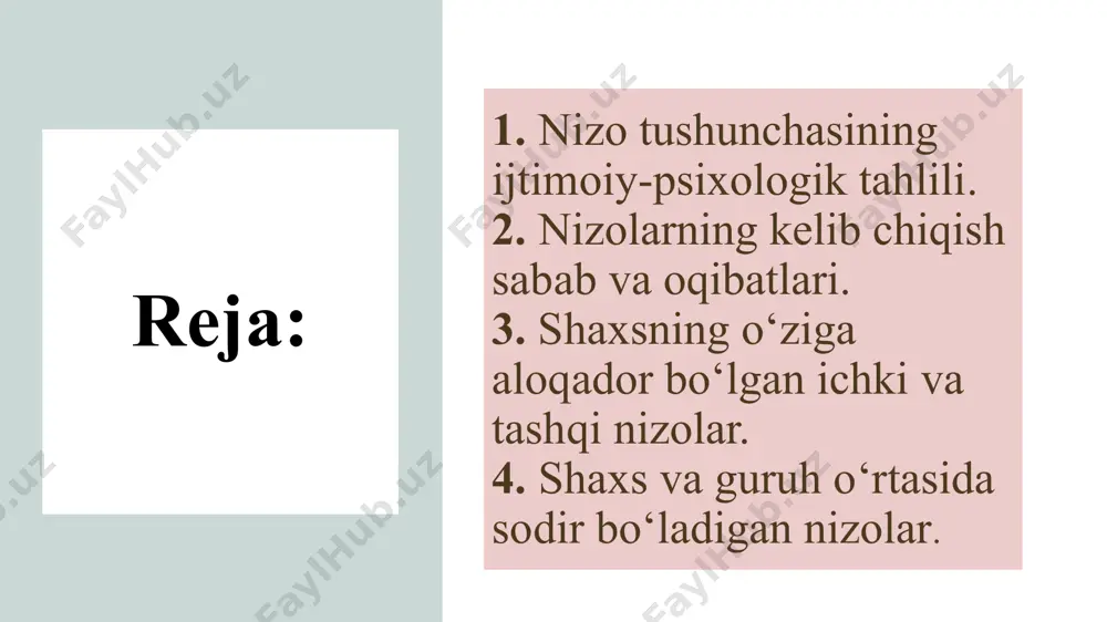 ‘xton gaplar qurol vazifasini bajaradi. ichki shaxsiy nizo- bir kishining o‘ziga bir-biriga zid topshiriqlarni mos kelmasligi natijasida kelib chiquvchi vaziyat obyektiv- ma’lum vaziyatda mavjud va ko’rinib turuvchi nizo turi. subyektiv nizolar shaxsiy fikrlarning turlichaligi oqibatida vujudga keladigan nizolardir. bu nizolar tabiati bo‘yicha his-tuyg‘uga, hissiyotga berilish, qiziqqonlik oqibatida yuzaga chiqadi. bunday nizolar bir-birini ruhan ko‘ra olmaydigan yoki bir-birini tushunmaydigan, yoxud tushunishni istamaydigan shaxslarning qarama-qarshi fikrlari oqibatida vujudga keladi. shaxslararo- xodimlar o‘rtasida va xodim bilan rahbar o‘rtasida yoki raxbar o‘rtasida fikrlarning mos kelmasligi o‘z hayotiy faoliyatida qarama-qarshi maqsadlarni amalga oshirishga intiluvchi shaxslarni ifoda etadi guruhlararo ziddiyat guruhlararo dushmanlik qarama-qarshi maqsadlarning mavjudligi (ya’ni, raqobat) tufayli yuzaga keladi va hamma uchun maqbul bo‘lgan va faqat guruhlararo hamkorlik orqali erishish mumkin bo‘lgan yuqori darajadagi maqsadlar mavjud bo‘lganda kamayadi. konstruktiv nizolar- ma’lum maqsad yuzasidan o‘zgartirishi uchun mavjud bo‘lgan nizolar. konfliktdan qochishga, har ikkala tomon uchun maqbul qarorni topishga intiladilar. konstruktiv yondashgan odam vositachi yordamidan foydalanadi va …