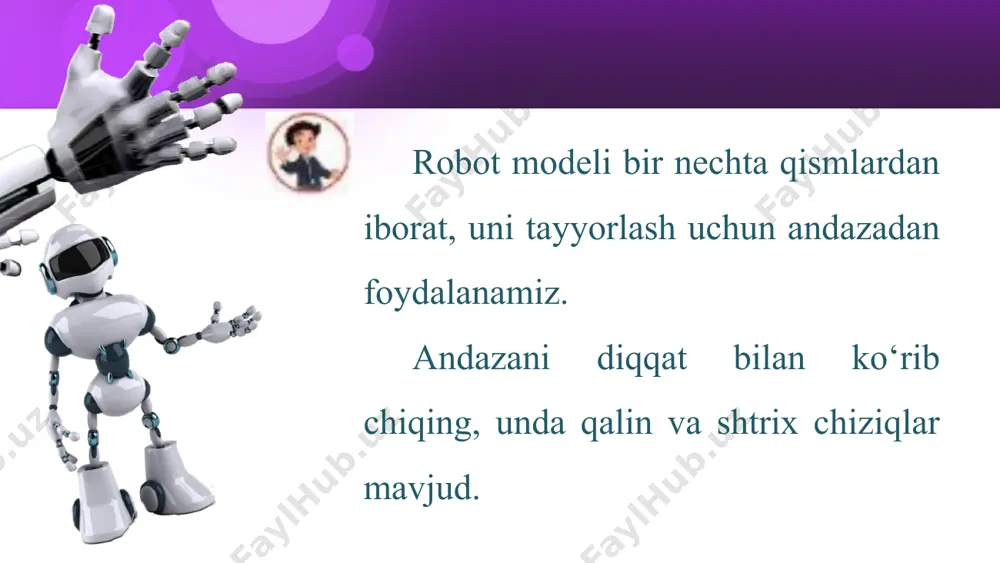 emplate provided by fppt.com www.free-power-point-templates.com this presentation uses a free template provided by fppt.com www.free-power-point-templates.com robot qo‘li. ularni to‘g‘ri bajarish uchun siz nuqta va chiziqlarni teng ravishda egishingiz, keyin ularni ehtiyotkorlik bilan yopishtirishingiz kerak. bu shakldan ikkita tayyorlanadi. this presentation uses a free template provided by fppt.com www.free-power-point-templates.com this presentation uses a free template provided by fppt.com www.free-power-point-templates.com bu eng katta gavda qismi. barcha qismlar unga yopishtiriladi. this presentation uses a free template provided by fppt.com www.free-power-point-templates.com bu robotning oyoqlari. ulardan to‘rt dona qirqiladi. ularni yopishtirish paytida tomonlarini aralashtirmang. this presentation uses a free template provided by fppt.com www.free-power-point-templates.com barcha qismlarni ehtiyotkorlik bilan kesib oling, shoshilmang. biror narsani yopishtirishdan oldin, barcha shablonlarni kesib oling, ularning to‘g‘riligini tekshiring. ba’zi qismlarni egishdan oldin, qaroringizning to‘g‘riligini tekshiring. yelimni kamroq ishlatishga harakat qiling, aks holda, qog‘oz ho‘llanishi natijasida yopishmasligi mumkin. qo‘l, oyoqlarni va bosh qismini tayyorlab olganingizdan so‘ng, ularning tanaga biriktiriladigan joylarini belgilab oling. …