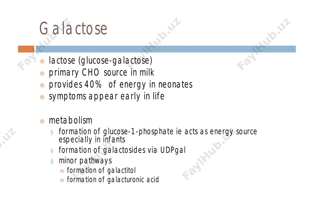 l transferase (erythrocyte/fibroblast) ¨ erythrocyte galactose-1-phosphate ¨ mutation analysis ¨ urine galactitol urine sugars ¨ clinistix ¤ specific for glucose ¨ benedict’s ¤ reacts with reducing substances including reducing sugars ¤ glucose, galactose, fructose, lactose – positive ¤ sucrose - negative clinistix & benedict’s clinistix benedict’s sugars present positive negative glucose only negative positive non glucose reducing substance(s) positive positive glucose +/- other non glucose reducing substance(s) urine sugars - pitfalls ¨ rely on dietary intake ¨ clinistix and clinitest are confused ¨ can have positive clinistix in galactosaemia ¨ galactosuria may be secondary to liver failure sugar chromatography beutler test udpgluc* gal-1-p* nadp* beutler test udpgluc* gal-1-p* nadp* galt rbc enz including g6pd beutler test udpgluc* gal-1-p* udpgal gluc-1-p nadp* ribose-5-p nadph galt rbc enz including g6pd beutler test in galactosaemia udpgluc* gal-1-p* udpgal gluc-1-p nadp* ribose-5-p nadph rbc enz including g6pd x beutler test galactosaemia screen ¨ beutler …