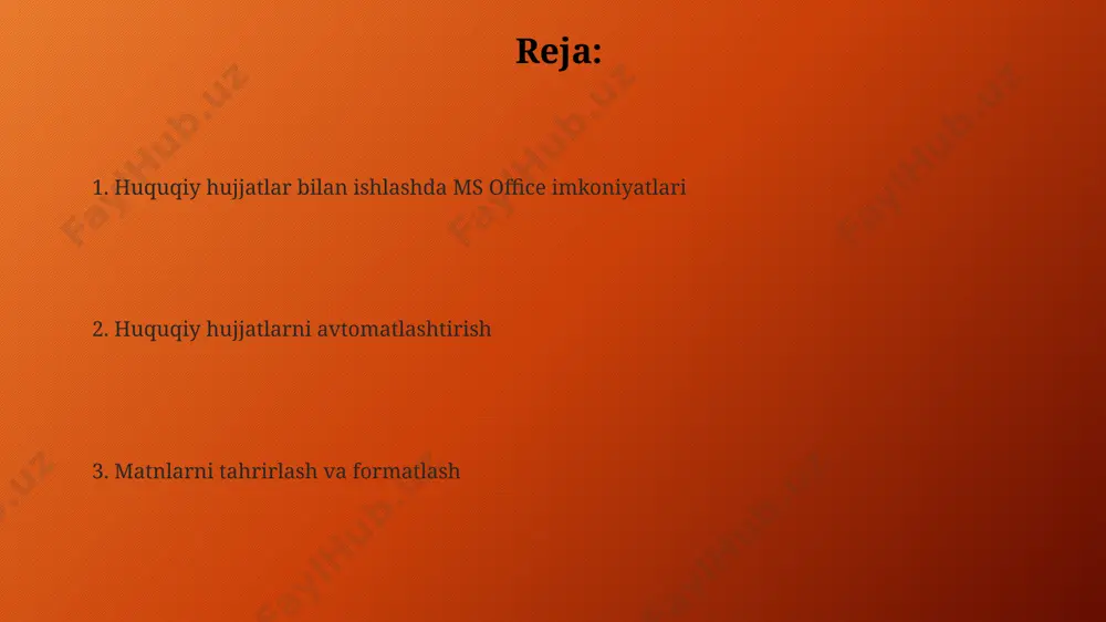 ʻqilishi va tushunilishi osonlashadi, bu esa huquqiy hujjatlar uchun juda muhimdir. hujjatni himoya qilish microsoft office dasturlarida hujjatni himoya qilishning 3 xil usuli mavjud: parol bilan himoya qilish, tahrirlash imkoniyatlarini cheklash va raqamli imzo qo'yish. bu usullar hujjatning o'zgartirilmasligini va avtorligini ta'minlaydi. microsoft word da hujjatni himoya qilish uchun 128 bitlik aes shifrlash algoritmini qo'llash mumkin. bu yuqori darajadagi ma'lumotlar xavfsizligini ta'minlaydi va ruxsatsiz kirishdan himoya qiladi. hujjatni himoya qilishda, masalan, "only comments" rejimini tanlash orqali, 2 dan ortiq foydalanuvchining hujjat tarkibini o'zgartirishiga yo'l qo'ymaslik mumkin. bu hujjatning dastlabki ko'rinishini saqlashga yordam beradi. izoh va eslatmalar qo'shish microsoft word’dagi hujjatga 3 xil usulda izohlar qo'shish mumkin: matn tanlab, sharh oynasi orqali yoki "insert comment" funksiyasi yordamida. har bir usul turli formatlash imkoniyatlarini taqdim etadi. eslatmalarni turli ranglarda formatlash va ularga tegishli fayllarga havolalar qo'shish orqali hujjatning tuzilishini yaxshilash va ma'lumotlarga tezkor kirishni ta'minlash mumkin. izohlarni raqamlash yoki belgilar bilan kodlash …
