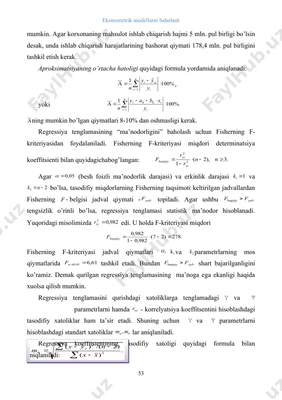 kerak. regressiya tenglamasining “ma’nodorligini” baholash uchun fisherning f- kriteriyasidan foydalaniladi. fisherning f-kriteriyasi miqdori determinatsiya koeffitsienti bilan quyidagichabog’langan: agar (besh foizli ma’nodorlik darajasi) va erkinlik darajasi va bo’lsa, tasodifiy miqdorlarning fisherning taqsimoti keltirilgan jadvallardan fisherning belgisi jadval qiymati - topiladi. agar ushbu tengsizlik o’rinli bo’lsa, regressiya tenglamasi statistik ma’nodor hisoblanadi. yuqoridagi misolimizda edi. u holda f-kriteriyasi miqdori fisherning f-kriteriyasi jadval qiymatlari embed equation.3 va parametrlarning mos qiymatlarida tashkil etadi. bundan shart bajarilganligini ko’ramiz. demak qurilgan regressiya tenglamasining ma’noga ega ekanligi haqida xuolsa qilish mumkin. regressiya tenglamasini qurishdagi xatoliklarga tenglamadagi va embed equation.3 parametrlarni hamda - korrelyatsiya koeffitsentini hisoblashdagi tasodifiy xatoliklar ham ta’sir etadi. shuning uchun va parametrlarni hisoblashdagi standart xatoliklar lar aniqlaniladi. regressiya koeffitsientining tasodifiy xatoligi quyidagi formula bilan aniqlaniladi: regressiya tenglamasining parametri tasodifiy xatoligi quyidagi formula bilan aniqlaniladi: chiziqli korrelyatsiya koeffitsientining tasodifiy xatoligi esa formula asosida aniqlaniladi: 5.2. chiziqli regressiya tenglamasi intervalining bashorati regressiya tenglamasi parametrlarining statistik ma’nodorligini baholash styudent- …