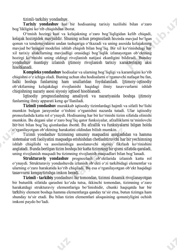 lash sharoitlaridan cheklashadi. uning vazifasi o‘rganilayotgan ob‘ekt bor tendensiyalar saqlangan holda qanday rivojlanishini o‘rganishdir. normativ prognoz izlanuv prognozlaridan farqli o‘larok oldin qo‘yilgan maqsadlar bazasida ishlab chiqiladi. uning vazifasi maqsad qilib olinayotgan obektning kelajakdagi holatini prognozlash yo‘li va erishish vaqtini aniqlashdir. izlanuv prognozi ob‘ektning oldingiga nisbatan kelajakdagi holatini aniqlashdan qaytayotgan bir vaqtda, normativ prognoz teskari tartibda amalga oshiriladi, ya‘ni kelajakdagi holatini qo‘yilgan maqsadining tendensiyalari va uni qo‘llash tartibida amalga oshiriladi. prognozlar turlanishi prognozlash yo’llari bilan uzviy bog’liq. bir - birini to‘ldiruvchi uch xil prognozlash usullari mavjud. 1.ekspert usuli. bu usul boshlangich axborotlarni yig’ish (anketa, intervyu) va ularni tahlil kilishga asoslanadi. shu bilan birga prognoz maqsadi ekspertlar tomonidan qilingan tahlilga asoslanadi. 2.ekstropolyatsiya – bu, ob‘ektning bo‘lishi mumkin bo‘lgan rivojlanishini o‘rganish va uning kelajakdagi rivojlanish qonuniyligidir. 3.modellash – bu, prognozlashtirilayotgan ob‘ekt tuzilishida kutilayotgan o‘zgarishlarning normativ modellaridagi izlanishdir. prognozlash amaliyotida sanab o‘tilgan prognozlarni ishlab chiqish yo‘llari birgalikda qo‘llaniladi. 8.3.iqtisodiy va ijtimoiy prognozlash usuli. iqtisodiy …