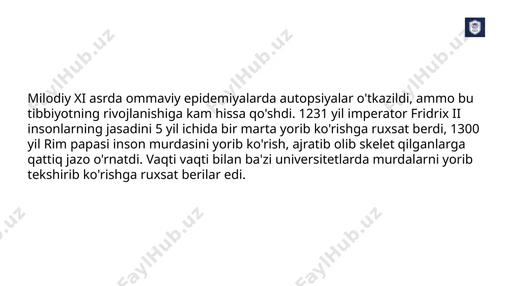 arta bitta murdani yorib tek-shirib ko'rishga ruxsat berilgan. autopsiya (yorib ko'rish) ishlarini siryulnik ya'ni (sartarosh) olib borgan. autopsiya jaray-onida nazariyotchi professor galenning latin tilida yozilgan maqolasini o'qib turgan va shu asosda ko'krak va qorin sohasi yorib ko'rilgan. 1316 yilda mondino de luchchi tomonidan ibn sino "tib qonunlari" asaridagi anatomiyaga bag'ishlangan qismiga asoslanib "anatomii" darsligini tayyorladi. ko'pgina shifokorlar ruhoniylarga tegishli edi. ruhoniy-larga aholiga tibbiy yordam ko'rsatish ishlari yuklatilgan edi. ko'pgina ruhoniylar chuqur tibbiy bilimga va shifokorlik mutaxassislikga ega emasligi pand berardi, ammo ular orasida mohir dori tayyorlovchilar ham bor edi. ruhoniylar kasalxonasi ruhoniy shifokorlar uchun maktab bo'lib xizmat qildi, ular bu erda kasalliklarni davolash, dori tayyorlash va dori vositalarini ishlab chiqarish kabi tajribaga ega bo'ldilar. g'arbda va yevropaning sharqida o'rta asrlarda katta epidemiyalar bo'lganligi bilan ajralib turadi. epidemiyaning yuzaga kelishida bir qancha sharoitlar: shaharlarning ko'payishi, aholining zichligi, ko'p sonli aholin-ing yoppasiga ko'chishi, shaxsiy gigienaning yo'qligi imkon yaratib bergan. urush vaqtida moxovning …