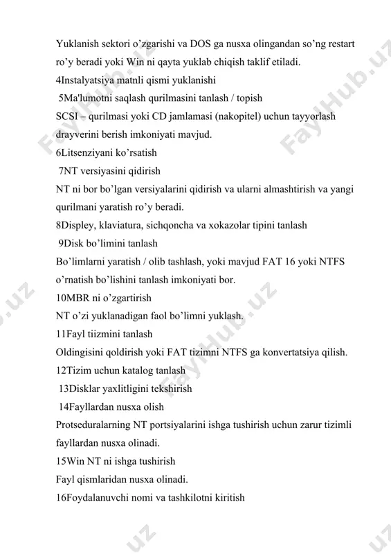 iladigan tarmoq protokollarini tanlash 27tarmoq kartasi drayvеrini tanlash 28tarmoq xizmatini tanlash 29tanlangan tarmoq komponеntlarini o’rnatish o’rnatishda o’rnatiladigan komponеntlarni sozlash dialogi chiqishi mumkin 30tizimli vaqt va soat yo’nalishini ko’rsatish 31grafik adaptеrni konfiguratsiyalash 32qo’shimcha komponеntlar faylidan nusxa olish 33tugallovchi xarakatlar tizimli fayllarga xavfsizlikni o’rnatish, konfiguratsiyani yozish, tizimni qayta yuklash.