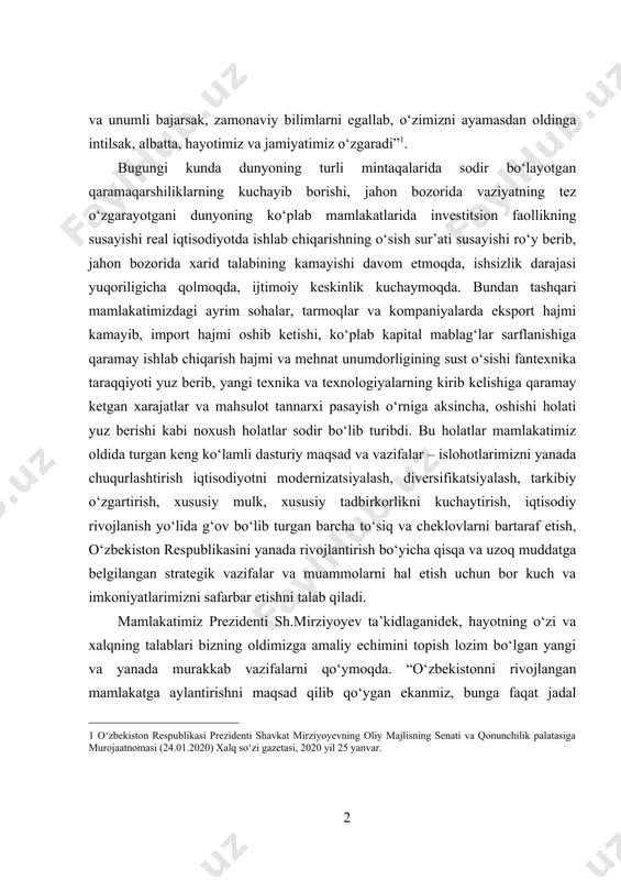 ng oldimizga amaliy echimini topish lozim bo‘lgan yangi va yanada murakkab vazifalarni qo‘ymoqda. “o‘zbekistonni rivojlangan mamlakatga aylantirishni maqsad qilib qo‘ygan ekanmiz, bunga faqat jadal islohotlar, ilm-ma’rifat va innovatsiya bilan erisha olamiz” . hayotning o‘zi oldimizga qo‘ygan ushbu murakkkab muammolarni tezroq hal qilish, ularning echimini izlab topish, milliy istiqlol mafkurasining mazmunini va xususiyatlarini chuqurroq tushunish ko‘p jihatdan kishilarning iqtisodiyot sirlarini, ayniqsa, bozor iqtisodiyoti munosabatlarining mazmunini, ularning talablari, ziddiyatli va chalkash xususiyatlarini, qonun-qoidalarini, amalga oshirilayotgan keng ko‘lamli iqtisodiy islohotlarni yanada chuqurlashtirish, iqtisodiyotni erkinlashtirish, tarkibiy o‘zgartirish, modernizatsiyalash va diversifikatsiyalashning, ilm-fanni rivojlantirib, raqamli iqtisodiyotga o‘tishning maqsadi va mohiyatini chuqurroq bilishlariga bog‘liqdir. “iqtisodiyot nazariyasi” fani iqtisodiyot tushunchalarini, uning qonunqoidalarini, tejamli xo‘jalik yuritish sirlarini, turli kishilar va xo‘jaliklarning birbirlari bilan manfaatli iqtisodiy aloqada bo‘lib, unumli mehnat qilish, yangi texnika va texnologiyalarni, innovatsion g‘oyalarni qo‘llab, mehnat unumdorligini oshirish yo‘llarini va shakllarini o‘rgatadi. “ilm yo‘q joyda qoloqlik, jaholat va albatta to‘g‘ri yo‘ldan adashish bo‘ladi” . jamiyatda ro‘y beradigan …