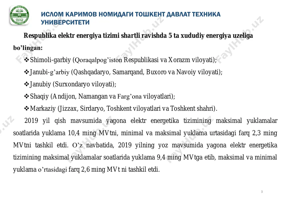 oning berilishi; 20- chiqib ketayotgan gazlar; 21- nurlanishli bug‘ o‘ta qizdirgich; 22- olib ketuvchi quvurlar; 23- turbinaga berilayotgan bug‘; 24- shlak uchun pastki javon; 25- shlakni suv yordamida chiqarib yuborish kanali; 26- gorizontal gaz yo‘li; 27- burilish kamerasi; 28- konvektiv shaxta; 29- issiq havo. tabiiy tsirkulyatsiyali bug‘ qozoni qurilmasining chizmasi ислом каримов номидаги тошкент давлат техника университети ўзбекистон иссиқлик електр стансиялари ва иссиқлик електр марказларининг ўрнатилган қувватлари (2020 йил ноябр ойидаги холат). ислом каримов номидаги тошкент давлат техника университети 7 stansiyalarning nomi tashkil topgan yili quvvati, mvt bgq, mvt yoqilg’ining solishtirma sarfi, g/kvt soat fik, % sirdaryo 1966-1981 3000/3150/10 357 34,4 yangi-angren 1976-1985 2100/7х300/ 363 33,9 toshkent 1961-1972 1860/1920/12* 160 370 398,4/332,8 34,2 navoiy 1960-1981 1250/ (1643) 2012/478 376 32,6 toxiatosh 1956-1974 730 280 385 32,0 farg’ona iem 1978 305 17 gt 196 63,0 angren 1953-1967 484 345 35,6 muborak iem 1980-1985 60+60/120 155 79,0 toshkent iem 1939/2002 30 27 …