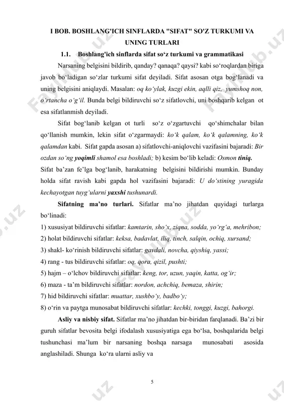 ; 8) o‘rin va paytga munosabat bildiruvchi sifatlar: kechki, tonggi, kuzgi, bahorgi. asliy va nisbiy sifat. sifatlar ma’no jihatdan bir-biridan farqlanadi. ba’zi bir guruh sifatlar bevosita belgi ifodalash xususiyatiga ega bo‘lsa, boshqalarida belgi tushunchasi ma’lum bir narsaning boshqa narsaga munosabati asosida anglashiladi. shunga ko‘ra ularni asliy va nisbiy sifatlarga ajratish mumkin.[footnoteref:2] [2: abdurahmonov gʻ. qoʻshma gap sintaksisi asoslari toshkent 1958; 403-b] 1. narsaning belgisini bevosita ifodalaydigan, belgini darajalab ko‘rsata oladigan sifat asliy sifat deyiladi. masalan: yaxshi, katta, uzun, qisqa, oq, qora, semiz, kamtar kabi tub so‘zlar asliy sifatlardir. 2. narsa belgisini o‘rin yoki paytga nisbatlash, boshqa narsaga o‘xshatish, chog‘ishtirish kabi ma’nolar vositasida ifodalaydigan sifat nisbiy sifat deyiladi. nisbiy sifatlar affikslar orqali yasalgan sifatlardan tashkil topadi. ular ma’no jihatdan a) belgini biror narsaga nisbat berish bilan ifodalaydi: g‘ayratli yigit, chiroyli surat, devoriy gazeta, ko‘rpalik mato; b) belgini o‘rin va paytga nisbatlaydi: toshkentlik kishi, yerdagi olma, kuzgi shamol; d) belgini narsaning xususiyat, …