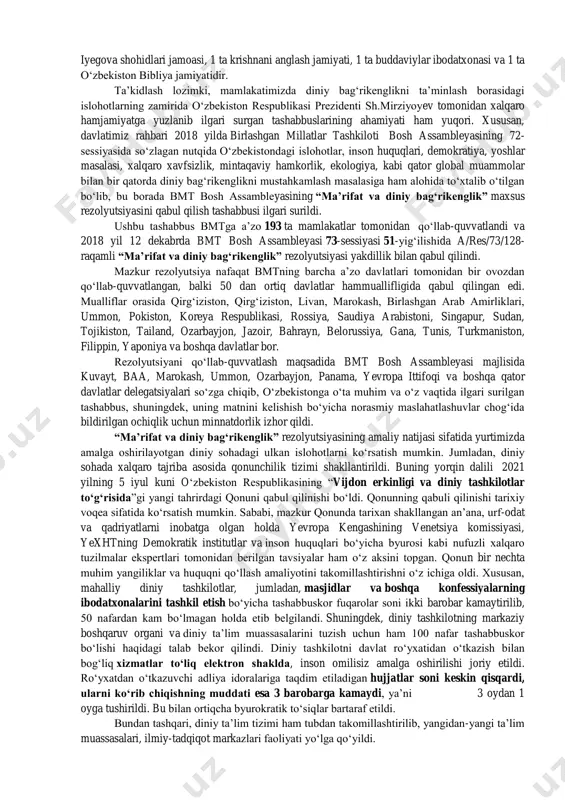 usodara etilgan, diniy olimlar bosim va qatagʼonga uchragan, bir qanchasi esa oʻldirilgan edi. oʻlka musulmonlari bu zoʻravonliklar va qatagʼon siyosatiga qaramay, 1991-yilda mustaqillik eʼlon qilinguniga qadar dinsizlikka qarshi kurash olib bordilar. “sovet jamiyatida dinni yoʻq qilish” siyosatini olib borgan sovet tuzumi musulmonlarga oid diniy muassasalarni tugatdi yoki oʻz nazorati ostiga olishga harakat qildi. xulosa. xulosa sifatida shuni ta’kidlash lozimki, turkiston mintaqasida din olimlari va musulmon xalq koʻplab tazyiqlarga qaramay, mustamlakaning dastlabki davrlarida maktab va madrasalar sonini koʻpaytirishga harakat qilganligi ijtimoiy ongda diniy dunyoqarashning ustuvorligidan dalolat beradi. sovetlar bunga javoban din va dindorlarga qarshi bosimni yanada kuchaytirdilar. sovet ittifoqi davrida diniy taʼlimning yillar mobaynida qonun orqali taʼqiqlangani va diniy taʼlim beradigan tashkilotlarning mavjud boʻlmagani 1991-yil 31-avgustda mustaqillikka erishgan oʻzbekistonda xalqni diniy eʼtiqod borasida toʻgʼri yoʻlga boshlaydigan din olimlarining yetishmasligiga olib keldi va bir qancha muammolarga sabab boʻldi. oʻzbekiston musulmonlari idorasi — oʻzbekiston musulmonlariga rahbarlik qiluvchi diniy tashkilot. 1943-yil 20-oktabrda toshkentda boʻlib …