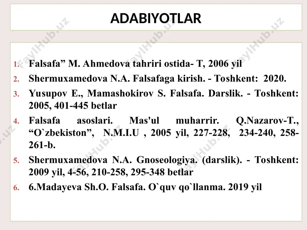 lum bo`lgan tasavvurlarga tayanish odati. nutq, tushunish apparatini: so`zlar, iboralar, tushunchalarni noaniq qo`llash g`or idoli - bu har bir odamning o`z spesifik xusussiyatlari natijasida yanglishishi. bu hamma narsani o`z nuqtai nazari bilan ifodalash, o`zning tor doirasi bilan olchash natijasida vujudga keladi teatr idollari- ular avtoritetlar fikriga ko`r-ko`rona ergashib, qadimgilarning falsafiy sistemalarini davom ettiraveradilar jon lokk j.lokk. sensualizm- ta`limotining asoschisi. sensualizm-bilish nazariyasida sezgilarni bilishning asosiy manbai deb e`tirof etuvchi yo`nalish:uninfg fikricha, bilish tabiat va inson o`rtasidagi munosabatlardan iborat bo`lib, haqiqatlar esa kishilarning bu jarayonda hosil qilgan tushunchalari, g`oyalari va xulosalarining olamga mos kelishidan iboratdir. ratsionalizm asoschiqi, fransuz faylasufi va matematigi rene dekart (1596-1550). u dunyoda juda mashhur b`olgan : «men fikrlayapman, demak , men mavjudman» ta`limoti muallifi. kant ((1724-1804)- nemis klassik falsafasining asoschisi. agnostisizm vakili rene dekart- ratsionalizm ta`limotining asoschisi. bbilishning birdan-bir manbai tafakkur u inson bilishi mumkin bo`lgan hodisalar olamini “narsa biz uchun” deb nomlaydi. “narsa o`zida”ni inson bila olmaydi, …