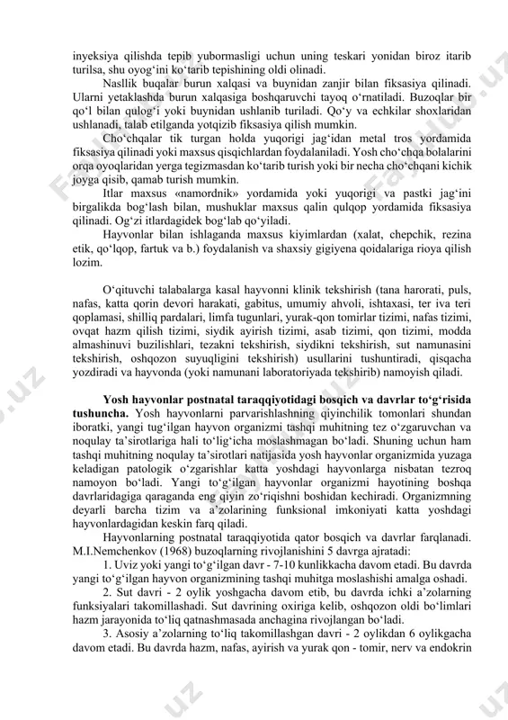 ash; fermer xo‘jaliklari hamda uy sharoitida yosh hayvonlar va parrandalarning nafas, ovqat hazm qilish va modda almashinuvi buzilishi kasalliklarini ilmiy asoslangan holda oldini olish malakalariga ega bo‘lishi kerak. fanni o‘qitish usullari: fanni o‘qitish jarayonida zamonaviy uslublardan foydalanish, sohadagi muammolarni ta’limning ommaviy shakllari bilan bog‘lab, talabalarning nazariy bilimlarini amaliy mashg‘ulotlar orqali mustahkamlab borish lozim. o‘quv materiallarini talabalar tomonidan unumli o‘zlashtirish uchun ko‘rgazmali qurollar o‘qitishning texnik vositalari, sog‘lom va kasal hayvonlar, dorilar va davolash vositalari hamda fan bo‘yicha chop etilgan darslik, o‘quv va uslubiy qo‘llanmalar hamda ma’ruza matnlaridan keng foydalanish, talaba bilimini baholash tizimini joriy etish. ma’ruza mashg‘ulotlarida ilg‘or pedagogik texnologiyalar foydalaniladi. "yosh hayvonlar va parrandalar terapiyasi" kursini loyihalashtirishda quyidagi asosiy konseptual yondoshuvlardan foydalaniladi: shaxsga yo‘naltirilgan ta’lim. tizimli yondoshuv. faoliyatga yo‘naltirilgan yondoshuv. dialogik yondoshuv. hamkorlikdagi ta’limni tashkil etish. muammoli ta’lim. hayvonlarni fiksasiya qilish usullari. kasal hayvonlar bilan ishlashda har xil shikastlanishlarga sabab bo‘lmaydigan shart-sharoitlar yaratilishi lozim. shuning uchun hayvonlarga yondoshish paytida ovoz …