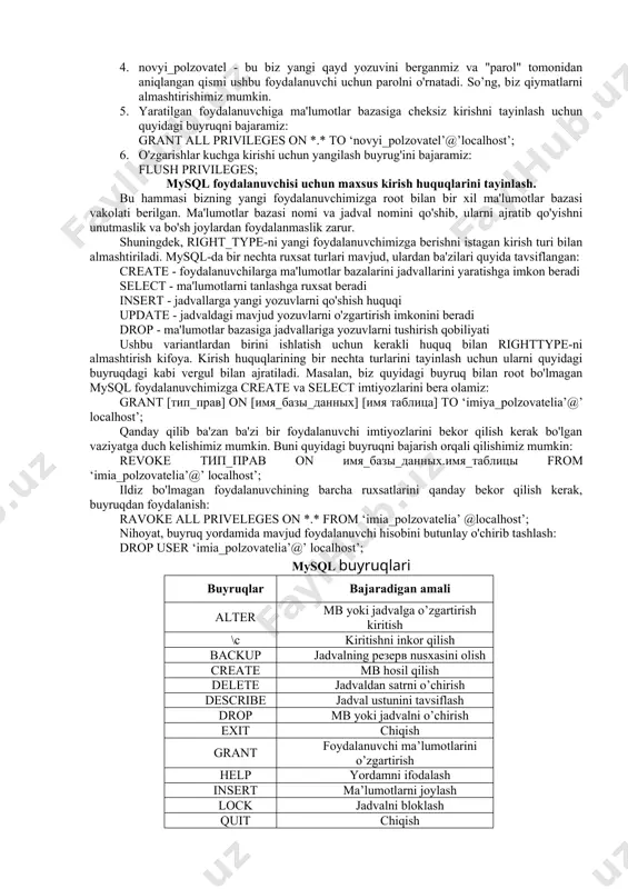 n har bir ma'lumotlar bazasi uchun biz alohida foydalanuvchilar yaratishimiz va ular uchun huquqlarni sozlashingiz kerak. mysql-dan foydalanishni boshlaganimizdan so'ng, bizga foydalanuvchi nomi va parol taqdim etiladi. ushbu asosiy hisob ma'lumotlari bizga root kirish huquqini beradi yoki barcha ma'lumotlar bazalari va jadvallar ustidan to'liq nazoratni amalga oshiradi. shu bilan birga, ba'zilarga ma'lumotlar bazasiga to'liq nazorat bermasdan kirish huquqini berish kerak bo'lgan holatlar mavjud. masalan, biz ma'lumotlar bazamizni saqlash uchun ishlab chiquvchilarni yollasak, ammo ularning maxfiy ma'lumotlarni o'chirib tashlashi yoki o'zgartirishi mumkin emas. agar shunday bo'lsa, ularga root bo'lmagan foydalanuvchi ma'lumotlarini taqdim etish kerak. shunday qilib, bizning ma'lumotlarimiz bilan nima qila oladigan va nima qila olmasligini aniqlash. mysql foydalanuvchisini yaratish juda oson. biz mysql foydalanuvchisini qanday yaratishni ko’rib chiqamiz. amalda, root bo'lmagan foydalanuvchiga to'liq boshqaruvni berish murakkab. biroq, bu foydalanuvchi imtiyozlarini o'rganish uchun yaxshi boshlanish nuqtasi. yangi mysql foydalanuvchi qayd yozuvini yaratish uchun ishga tushiramiz. mysql-da yangi foydalanuvchi qayd yozuvini yaratish …