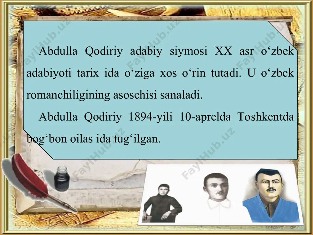 o‘lat tajang nima deydir?» kabi hajviy asarlar yozdi. hayotni kuzatib, voqealarga nisbatan turli yo‘sinda hajviy-tanqidiy munosabatlar bildirdi. shu jarayonda «felyetonlar qiroli» nomini oldi. abdulla qodiriyning mashhur «o‘tkan kunlar» romanining ayrim fasllari dastlab 1923–1924-yillari «inqilob» jurnalida e’lon etildi. 1925–1926-yillari romanning har bir bo‘limi alohida kitob holida bosildi. «o‘tkan kunlar» yaratilgan davr o‘zbek xalqi uchun millatning erki, ozodligi, mustaqilligi, jahondagi o‘rni masalasi hayot-mamot ahamiyatiga molik edi. adib bu roman orqali xalqning milliy ongini uyg‘otmoqchi bo‘ldi. «tariximizning eng kirlik, qora kunlari» – yurtni mustamlaka balosiga giriftor etgan keyingi «xon zamonlari» – xix asr miqyosidagi mudhish tarixiy jarayonlarning haqiqatidan xalqqa saboq bermoqchi bo‘ladi. «o‘tkan kunlar» romanining ma’no-mundarija doirasi, aslida, ancha keng. unda xilma-xil insoniy taqdirlar ijtimoiy-siyosiy, ma’naviy-axloqiy, oilaviy-ishqiy muammolar qalamga olingan. bir oq ular orasida yurtning, millatning taqdiri mustaqilligi masalasi alohida ajralib turadi. el-yurtning mustaqilligi, birligi masalasi romanning pafosini tashkil etadi. asarning bosh qahramonlari otabek va yusufbek hojilar shu yurt istiqloli, farovonligi, osoyishtaligi yo‘liga …