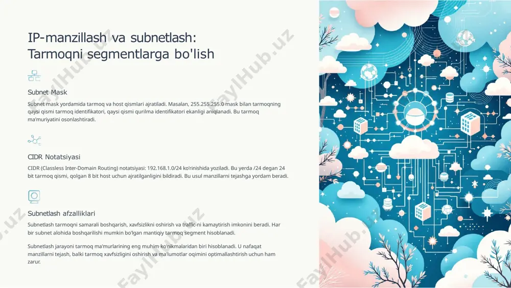 etdi. natijada ofis xodimlari barqaror internet, fayl almashish va printer xizmatlaridan foydalanish imkoniyatiga ega bo'lishdi. xulosa: tarmoqlar va ip-manzillashning kelajagi 1 ipv6 keng tarqalishi ipv4 manzillari tugab bormoqda va ipv6 keng tarqalishi zarur. 128-bitli manzil maydoni internet of things va yangi texnologiyalar uchun cheksiz imkoniyatlar yaratadi. 2 bulutli texnologiyalar virtual tarmoqlar va cloud-based xizmatlar rivojlanishi bilan an'anaviy tarmoq arxitekturasi o'zgarmoqda. sdn va nfv texnologiyalar yangi imkoniyatlar yaratmoqda. 3 ai va avtomatlashtirish sun'iy intellekt yordamida tarmoqlarni boshqarish, avtomatik muammolarni aniqlash va hal qilish kelajak tendentsiyasi hisoblanadi. xavfsizlik ustuvorligi zero trust arxitekturasi, end-to-end shifrlash va ai- based threat detection kelajak tarmoqlarining asosiy xususiyatlari bo'ladi. edge computing ma'lumotlarni markazlashtirilgan serverlardan ko'ra foydalanuvchilarga yaqinroq joyda qayta ishlash tendentsiyasi kuchaymoqda. quantum tarmoqlari quantum kriptografiya va quantum kommunikatsiya texnologiyalari kelajakda tarmoq xavfsizligini yangi darajaga olib chiqadi. "sizning tarmog'ingizni samarali va xavfsiz qilish uchun doimiy o'rganish, yangi texnologiyalarni kuzatib borish va eng yaxshi amaliyotlarni qo'llash zarur." tarmoq …