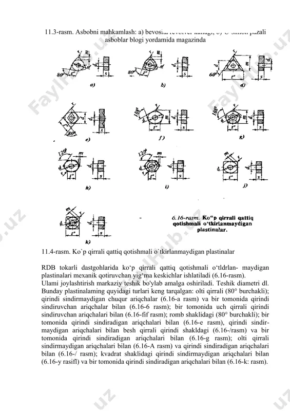 gik moslama rdb tokarli dastgohlarida, odatda, universal moslamalar ishlatiladi. ular konstmksiyasining soddaligi va tayyor- lanishining yuqori aniqligi bilan tavsiflanadi. xomaki detalga ishlov berishda patron yokf planshayba markazda o'rnatiladi. 11.8- rasmda tez sozlanadigan ponali patron konstruksiyasi ko'r- satilgan. 6 mushtchalami (3 asosga nisbatan) o'lchamga tez sozlash 5 vintni 90° ga, 4 sharik qayd etgan vaziyatga, burish orqali amalga oshiriladi. patron korpusining yoy sirtida, mushtchalami almashtirishda vaziyatni mo'ljallay olish uchun konsentrik aylanalar yasalgan. xomaki detalni qisishni tezroq amalga oshirish 2 korpusdagi 1 ponani dastgoh shpindelida joylashgan mexanizatsiyarashgan yuritma yordamida siljitish orqali amalga oshiriladi. mushtchalami qayta sozlash ishlari bir-biriga bog'liq bo'lmagan holda, navbat bilan 1,5—2 minut davomida bajariladi. shuningdek, dasturli-boshqaruvli patronlar ham ishlatiladi. u (dasturga binoan) mushtchalami kerakli o'lchamga avtomatik qayta sozlashni ta’minlaydi (119- rasm). boshqaruv tizimlari buyrug'iga binoan gidroyuritma, 1 tishli mushtchalar bilan ilashgan tishlarini chiqarib, patronning reykasini siljitadi. so'ngra dastgoh buyruqqa binoan shpindelning o'rtacha aylanishlariga o'tadi. mushtchalar markazdan qochma kuchlar ta’sirida …