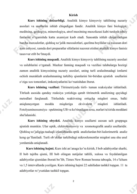 q xo’jaligiga taaluqli izlanishlarda optik analizlardan biri kalorimetrik analiz keng qo’llaniladi. turli ob‘ektlar tarkibidagi mikroelementlar miqdori ana shu usul yordamida aniqlanadi. kurs ishining hajmi. kurs ishi an’anaga ko’ra kirish, i bob adabiyotlar sharhi, ii bob tajriba qismi, iii bob olingan natijalar tahlili, xulosa va foydalanilgan adabiyotlar qismidan iborati bo’lib, times new roman bosma taboqda, 14 o’lcham va 1,5 intervallarda yozilgan. kurs ishining hajmi 22 sahifadan tashkil topgan. 11 ta adabiyotlar ro’yxatidan tashkil topgan. i bob. adabiyotlar sharhi 1.1. lyuminissensiya hodisasi haqida umumiy ma’lumot titrimetriyada turli- tuman reaksiyalar ishlatiladi. titrlash asosida qanday reaksiya yotishiga qarab titrimetrik analizning quyidagi metodlari farqlanadi. 1.neytralizatsiya metodlari. asosida neytralizatsiya reaksiyasi yotadi: h+ + oh- = h2o neytralizatsiya metodi bilan kislotalar, ishqorlar va shu bilan birga ba’zi tuzlarning miqdori aniqlanadi. 2. oksidlanish- qaytarilish metodlari (oksidimetriya). bu metodlar oksidlanish- qaytarilish reaksiyalariga asoslangan. oksidlovchi eritmalari yordamida qaytaruvchi moddalarning miqdori aniqlanadi va aksincha. 3. ionlarni qiyin eruvchan birikmalar ko’rinishida cho’ktirishga …