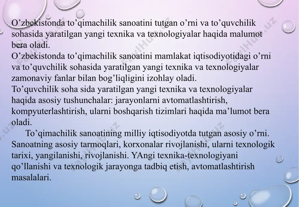 tarmoqlaridan biridir. u har hil hom ashyolardan ip, jun ip, ipak; piltilgan va ipak buyumlar ip, jun; ipak gazlamalar va trikotaj, shuningdek xalq xujaligining bishkqa tarmoqlari uchun ham zarur mahsulotlar ishlab chiqaradi. masalan: tibbiyot bintlar, gigrogkopik paxta; avtomobil sanoati uchun pokrishkalarga ketadigan kord tutushalar; elektr sanoati uchun simlarning izolyasiyasi, kabellar, tasmalar va tasmalarga ketadigan pishitilgan iplar va parashyutl-ar uchun maxsus texnik gazlamalar olinadi.to’qimachilik sanoati ancha murakkab va xilma-xil shuning uchun u bir necha tarmokdar va korxonalarga bo’linadi. ammo bu sanoatning asosiy vazifasi - gazlamalar ishlab chikdrit. ip, jun ipi ipak esa yigirui fabrikalarida tolali materiadlardan olinadi. gazlamalar tola va arqoq iplariniig uralishi natijasida xosil bo’ladi. trichog: j, shu jumladan, paypok, va boshk,a buyumlar trikotaj fabrikalarda to’qiladi. gazlamani pardozlash oqartirish. buyash, chitga gul bosish pardozlash fabrikasida bajariladi. taraqqiy qilayotgan to’qimachilik sanoatining qisqacha tarixi xozirgi zamon tuk,imachilik texnikasi asta-sekin tashkil topgan. arxeologik k,azilmalar shuni kursatadiki, yigirish va tukish eramizdan 2-3 ming yil …