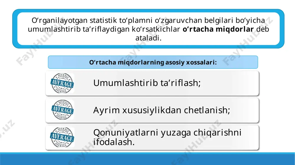 ani “shartli moment” usulida hisoblash qator variantalaridan o‘zgarmas ixtiyoriy a soni ayirib, olingan natija boshqa ixtiyoriy b songa bo‘linadi. natijada berilgan xi qatordan yi=(xi-a)/b qatori vujudga keladi. bu qator uchun arifmetik o‘rtacha hisoblanadi. so‘ngra u b soniga ko‘paytiriladi va olingan natija ustiga a soni qo‘shiladi. natijada boshlang‘ich qatorning haqiqay arifmetik o‘rtacha miqdori kelib chiqadi. kengligi teng oraliqli qatorlarda «a» deb variantaning o‘rtadagi qiymatini «b» o‘rnida esa oraliq kengligi olish tavsiya etiladi. 1-jadval o‘rtacha nisbiy miqdorni oraliqli variatsion qatorlarda hisoblash shartnomani bajarish darajasi bo‘yicha korxonalar guruhi (foizda) xi kor-xonalar soni ni shartnoma bo‘yicha mahsulot yetkazib berish hajmi (mln.so‘m) fi shartnomani o‘rtacha bajarish darajasi % a 1 2 3 4 5 6 7 80 gacha 80-90 90-100 100-110 110-120 120-130 130 va undan yuqori 1 3 5 9 7 5 4 20 60 100 180 140 100 80 75 85 95 105 115 125 135 1500 5100 9500 18900 16100 12500 10800 …