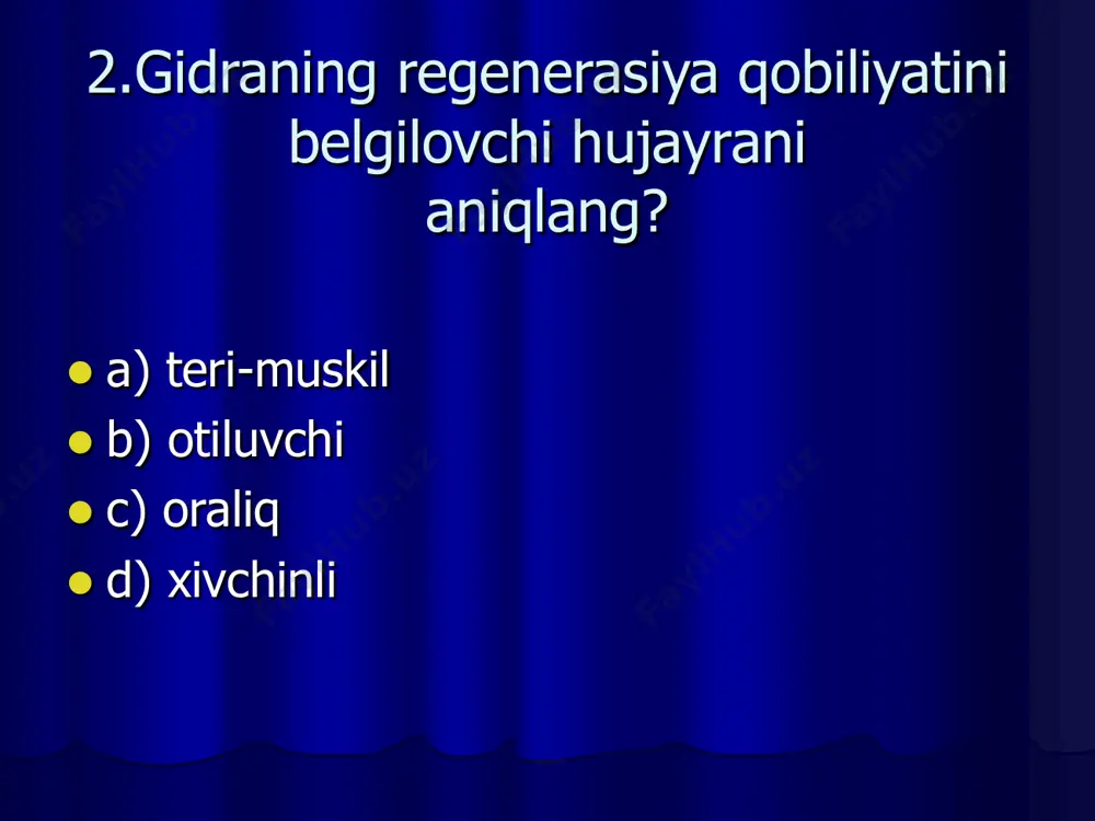 i  d) mayda oraliq hujayralari 23.gidra qanday yo’l bilan nafas oladi?  a) og’iz orqali  b) o’pka orqali  c) butun tana satxi bilan  d) teri orqali 24.gidra qanday yo’l bilan ko’payadi?  a) kurtaklanish, spora  b) spora, bo’linish  c) jinsiy, bo’lish  d) jinsiy, kutaklanish 25.hazm bo’lmagan ozuqa gidraning qaysi organi orqali chiqariladi?  a) anal teshigi  b) chiqarish teshiklari  c) maxsus teshikcha  d) og’iz 26.quyida berilgan organizmlarning qaysi biri kurtaklanish yo’li bilan ko’payadi?  a) amyoba  b) gidra  c) askarida  d) ustritsa 27.chuchuk suv gidrasining nerv sistemasi qanday tipda tuzilgan?  a) naychasimon  b) to’rsimon  c) diffuziyali-tugunchali  d) diffuziyali 28.gidradagi yondosh nerv hujayralarning o’simtalari bir-biri bilan birikib, nima hosil qiladi?  a) nerv halqasi  b) nerv tuguni  c) nerv to’rini  d) nerv zanjiri 29.regenerasiya hodisasi yuz berganda, gidraning nerv hujayrasi qaysi …