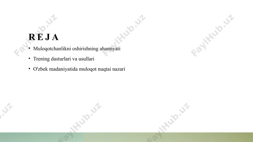 ni oshiradi. 3 guruh muhokamalari - guruh muhokamalari ishtirokchilarga fikr almashish imkonini beradi, bu esa ko'proq ochiq fikrlash va turli nuqtai nazarlarni qabul qilishga yordam beradi. muloqotchanlikni oshirishga qaratilgan trening dasturlarining o'ziga xosligi. 1 trening maqsadlari muloqotchanlikni oshirishga qaratilgan trening dasturlari, ishtirokchilarning shaxsiy va professional maqsadlariga mos ravishda, o'ziga xos strategiyalarni taklif etadi. 2 o'ziga xos metodologiya ushbu treninglar, interaktiv usullar va amaliy mashg'ulotlar orqali, ishtirokchilarga muloqot ko'nikmalarini rivojlantirishda zamonaviy yondashuvlarni qo'llaydi. 3 madaniyatga moslik o'zbek madaniyatiga moslashtirilgan dasturlar, muloqot jarayonida milliy an'analarni va qadriyatlarni hisobga olgan holda, ishtirokchilarni yaxshilashga qaratilgan. interaktiv trening usullari: nazariyadan amaliyotga o'tish. interaktiv usullar interaktiv trening usullari ishtirokchilarni faol jalb etadi, bilimlarni amaliyotda qo'llashga imkon beradi va tajribalarni o'rganishga yordam beradi. rol o'yinlari rol o'yinlari muloqotni rivojlantirishda samarali. ular ishtirokchilarga real hayot vaziyatlarida muloqot qilishni o'rganishga yordam beradi, qo'rquvni kamaytiradi. guruh muhokamalari guruh muhokamalari fikr almashish va turli nuqtai nazarlarni o'rganish imkonini beradi. bu usul …