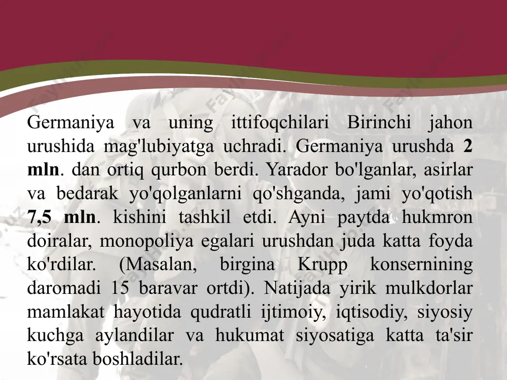 o'lgan federativ respublika deb e'lon qildi. ayni paytda hukumatning prezident oldida emas, parlament (reyxstag) oldida javobgar ekanligi belgilab qo'yildi. fridrix ebert germaniyaning birinchi prezidenti etib saylandi. konstitutsiyada xususiy mulkning muqaddas va daxlsiz ekanligi qayd etildi hamda 20 yoshdan boshlab erkak va ayollar uchun yalpi saylov huquqi berildi. ayni paytda bu kuchlar mamlakatda monarxiyani qayta tiklash orzusida edilar. bu kuchlar 1920-yilning 13-mart kuni monarxist v. kapp va general e. lyudendorf boshchiligida davlat to'ntarishi o'tkazish uchun isyon ko'tardilar. v. kapp o'zini kansler (bosh vazir) deb e'lon qildi va parlamentni tarqatib yubordi. qo'rqib ketgan hukumat berlindan qochib ketdi. ana shunday sharoitda germaniyada 12 mln. ishchi va xizmatchi isyonga qarshi norozilik belgisi sifatida ish tashladi. bu hodisa isyonchilarni chekinishga majbur etdi. 1922-yilda v. kuno boshchiligidagi hukumat mamlakatda millatchilik g'oyalarini avj oldirdi. 1923-yilda germaniya kommunistik partiyasi e. telman boshchiligida gamburgda qo'zg'olon ko’tardi. bu qo'zg'olonni komintern moddiy jihatdan qo'llab-quvvatlagan edi. so'llarning bu avantyurasi tezda bostirildi. shu …