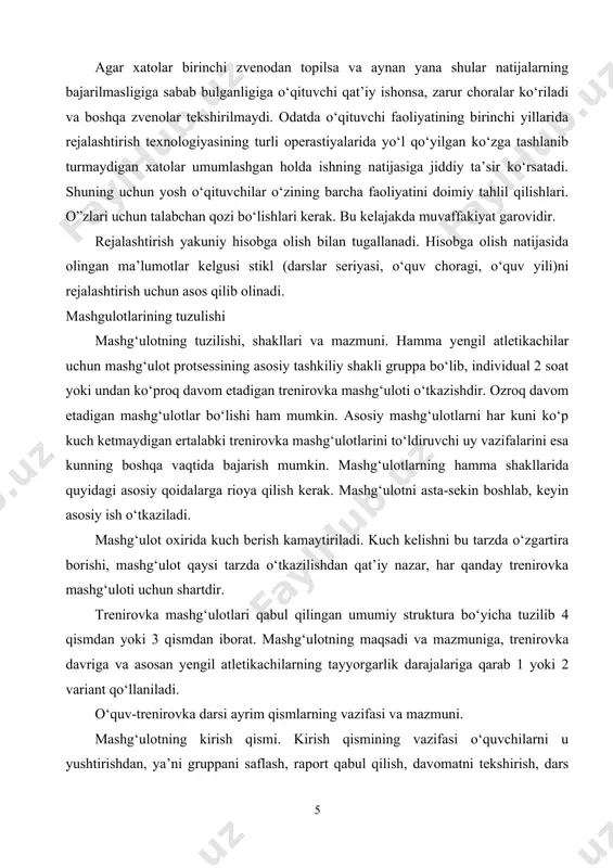 matni tekshirish, dars vazifasi va mazmunini tushuntirish gruppani mashq bajarish uchun qayta saflashdan iborat. kirish qismi 3-10 minut davom etadi. mashg‘ulotning tayyorlov qismi: tayyorlov qismining vazifasi shug‘ullanuvchilarda umuman badanni qizdirib olish va ularni bo‘ladigan kuch kelishga tayyorlash-razminka, muskul kuchini va egiluvchanligini rivojlantirshp, harakatni boshqara olish qobiliyatini yaxshilash va yengil atletika turlari, texnika elementlari bilan tanishtirish. darsning tayyorlov qismiga mashg‘ulotning tayyorlov davrida ko‘proq va musobaqa davrida ozroq vaqt ajratiladi. razminka sportchi organizmini bo‘ladigan trenirovka ishiga tayyorlaydi. u kuch kelish asta-sekin oshib boradigan qilib maxsus tanlangan jismoniy mashqlar kompleksidan iboratdir. agar razminka noto‘g‘ri tanlansa, uning foydali ham bo‘libgina qolmasdan, balki salbiy ta’sir ko‘rsatishi mumkin. trenirovka mashg‘ulotlarida o‘tkaziladigan razminkada kuch kelish juda ham oz bo‘lmasligi shart. razminka quyidagi qismlardan iborat bo‘ladi. birinchi qismning vazifasi vegetativ funksiyalarni qizdirish hisobiga organizmning umumiy ish qobiliyatini oshirishdir. ikkichi qismda sportchi o‘zida bo‘lajak ishga moyillik hosil qilib olish kerak. razminkadan badan qismi qizdirilib atletning butun organizmi qatnashadigan, ancha …