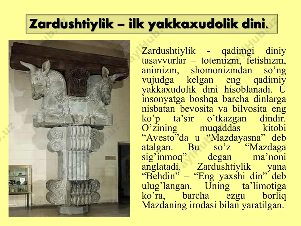 y manbasi va muqaddas kitobi hisoblanadi. u apastak, ovisto, ovusto, abisto, avasto kabi shakllarda ham ishlatib kelingan. avesto o'rta osiyo, eron, ozarbayjon xalqlarining islomgacha davrdagi ijtimoiy-iqtisodiy hayoti, diniy qarashlari, olam to'g'risidagi tasavvurlari, urf-odatlari, ma'naviy madaniyatini o'rganishda muhim va yagona manbadir. zardushtiylik negizida olamning qarama-qarshiliklar kurashi asosiga qurilgani turadi: yaxshilik va yomonlik, yorug’lik va qorong’ulik, hayot va o’lim o’rtasida abadiy kurash davom etadi. barcha yaxshiliklarni axura-mazda va barcha yomonliklarni anxramaynyu (yoki axriman) ifodalaydi. axura-mazda insonlarga ezgu ishlarni bayon etib ularga amal qilishni buyuradi, yomon ishlardan saqlanishga chaqiradi. ozarxurra – muqaddas olov fikrlar sofligi, so’zning sobitligi, amallarning insoniyligi. har bir zardushtiy kuniga besh marta yuvinib, poklanib, quyoshga qarab, uni olqishlab, sig’inishi shart. hozirgi kunda zardushtiylikka e'tiqod qiluvchi diniy jamoalar mavjud. ular hindistonning mumbay (bombey, g’ujarot shtatlarida; 115 ming kishiga yaqin), pokiston, shri lanka, buyuk britaniya, kanada, aqsh, avstraliya va eronning (tehronda 19 ming kishidan ortiq) ba'zi chekka viloyatlarida saqlanib qolgan. eron islom …