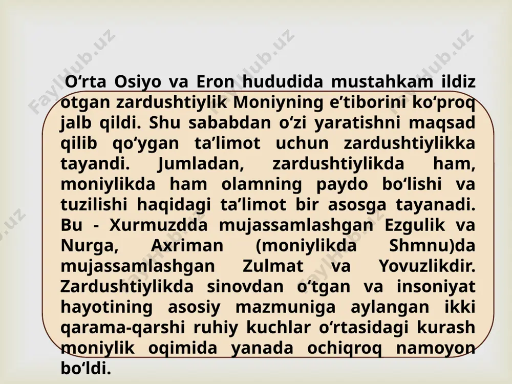 sxasi 10 kitobdan (tagzin?) iborat. asarni 1910-yili rus olimi s.ye. malov xitoyning gansu viloyatiga qarashli vinshgu qishlog'idagi buddaviylar ibodatxonasidan topgan. asar qo‘lyozmasi 710 sahifadan iborat bo‘lib, 1687-yili ko‘chirilgan. hozirda bu nusxa sankt-peterburgning osiyo muzeyida saqlanadi. bu asarni birinchi marta v.v.radlov va s.ye. malov eski uyg‘ur-turk alifbosida chop ettirganlar. o‘nta kitob 31 bo’limni o‘z ichiga oladi.  “irq bitigi” haqida: “irq bitigi” – qadimni turkiy moniy muhitda yaratilgan asar. qadimgi turkiy tilda irq – “fol”, irq bitig – “fol kitobi” degan ma’noni bildiradi. asar o‘rxun-еnasoy yozuvlari tipida bitilgan va kitob holida saqlangan yagona asardir. qo‘lyozma xix asrning oxirda sharqiy turkistonning dunxuan degan joyidan topilgan. asar tush va uning ta’biriga bag‘ishlangan. u isig sangun va ite chuq ismli o‘g‘lonlarga atab yozilgan. muallifi noma’lum.  e`tiboringiz uchun tashakkur!  image3.png /docprops/thumbnail.jpeg