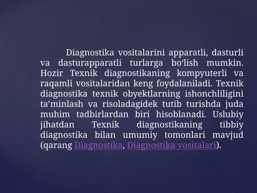 malga oshirish uchun obyektning matematik modeli (uning risoladagi va buzuq holatlari bayoni) ni tuzib olish usulidan ham foydalanish mumkin. mas., shovqin bilan yoki titrab ishlovchi obyektlarni tekshirishda shovqin yoki titrash egri chiziqlari (akustik texnik diagnostika usuli), mikroelektron texnologiya yoki payvandlash jarayonida obyektlarni rentgen nurlarida tasvirlash model vazifasini oʻtashi mumkin. image2.jpg image3.jpg /docprops/thumbnail.jpeg