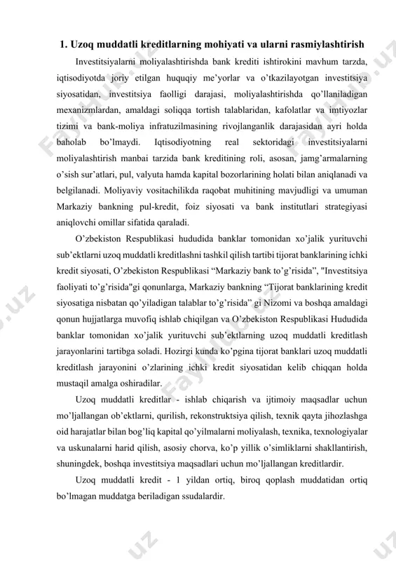 yosatidan kelib chiqqan holda mustaqil amalga oshiradilar. uzoq muddatli kreditlar - ishlab chiqarish va ijtimoiy maqsadlar uchun mo’ljallangan ob’ektlarni, qurilish, rekonstruktsiya qilish, texnik qayta jihozlashga oid harajatlar bilan bog’liq kapital qo’yilmalarni moliyalash, texnika, texnologiyalar va uskunalarni harid qilish, asosiy chorva, ko’p yillik o’simliklarni shakllantirish, shuningdek, boshqa investitsiya maqsadlari uchun mo’ljallangan kreditlardir. uzoq muddatli kredit - 1 yildan ortiq, biroq qoplash muddatidan ortiq bo’lmagan muddatga beriladigan ssudalardir. uzoq muddatli kreditlar bilan xo’jalik yurituvchi sub’ektlar — yuridik shaxslar va xususiy tadbirkorlar, shuningdek, qonun hujjatlarida belgilangan tartibda ro’yxatga olingan, yuridik shaxsni hosil qilmagan dehqon xo’jaliklari ta’minlanadilar. kreditlanayotgan ob’ekt qiymatining kamida 30 % i o’z yoki boshqa xil moliyalash manbalari bilan ta’minlangan qurilish ob’ektlarini kreditlash uchun tavsiya etiladi, lekin amaliyotda muhim investitsiya loyihalari uchun istisno tariqasida bu me’yordan past bo’lishi mumkin. o’zbekiston respublikasi vazirlar mahkamasining qarori bo’yicha moliya vazirligi kafolati ostida, shuningdek byudjetdan tashqari fondlarning kredit liniyalari hisobidan kreditlanadigan ob’ektlar bundan mustasno. uzoq muddatli …