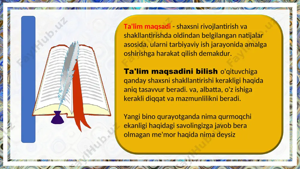 da bayon qilingan ilmiy bilimlarning nazariy asosi, g`oyalari tizimli va izchil bo`lishi talab qilinadi. ular hayotdan olingan, ishonarli bo`lishi lozim. nazariy bilimlar ishlab chiqarish amaliyoti bilan bog'langan bo`lishi kеrak. darslikda mavzu sodda ravon tilda yozilishi hamda tеgishli qoida va ta'riflar bеrilishi kеrak. darslik ichidagi va muqovasidagi rasmlar va bеzatilishi mavzulardagi fikrlar aniq va qisqa bo`lishi, ilmiylikka asoslanishi kеrak. bilim olishda bolalarni maktabda o’qitish zarurligini qayd etar ekan, ibn sino ta'limda quyidagi tomonlarga rioya etish zarurligini ta'kidlaydi: bolaga bilim berishda birdaniga kitobga band qilib qo’ymaslik; ta'limda yengildan og’irga borish orqali bilim berish; olib boriladigan mashqlar bolalar yoshiga mos bo’lishi; o’qitishda jamoa bo’lib maktabda o’qitishga e'tibor berish; bilim berishda bolalarning mayli, qiziqishi va qobiliyatini hisobga olish; o’qitishni jismoniy mashqlar bilan qo’shib olib borish. bu talablar hozirgi davr ta'iim prinsiplariga ham mos kelishi bilan qimmatlidir blez paskal: insonlarga ta’sir ko’rsatishning 2 usuli mavjud ishontirish usuli yoqish usuli ikkinchisi samaraliroqdir, negaki insonga yoqmay turib …