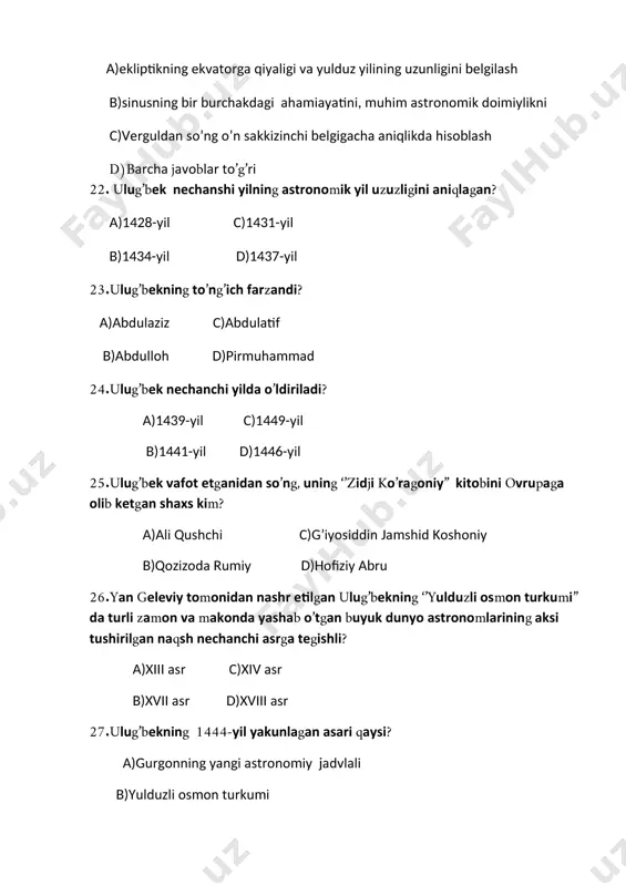 ro madrasasi b) ulug'bek madrasasi c) qozon madrasasi d) damas madrasasi 42. mirzo ulug'bekning qiziqishlari qaysi sohalarni o'z ichiga olgan? a) astronomiya va matematika b) musiqa va adabiyot c) sanoat va qishloq xo'jaligi d) harbiy strategiya 43. ulug'bek qaysi mashhur astronomik asbobni yaratgan? a) telescop b) astrolab c) astronomeskaya observatoriya d) globus 44. mirzo ulug'bekning o'limidan keyin qaysi siyosiy holat yuzaga kelgan? a) tinchlik va barqarorlik b) fuqarolar urushi c) murodlararo janjal d) madaniy inqiroz 45. mirzo ulug'bek qaysi janglarda ishtirok etgan? a) jizzax janglari b) oltin o'rda janglari c) samarqand uchun kurashlar d) hindiston janglari 46. mirzo ulug'bek harbiy qo'mondon sifatida qaysi yurtdoshlar bilan ittifoq tuzgan? a) mo'g'uliston b) fors c) tojikiston d) xorazm 47.mirzo ulug'bek davrida harbiy strategiyalarni o'rganish uchun qaysi usullar qo'llanilgan? a) diplomatiya b) sog'likni tiklash c) yashirin janglar d) intizomli harbiy ta'lim 48. ulug'bekning harbiy salohiyati qaysi maqsadlarda ko'proq ishlatilgan? a) qonunlarni o'zgartirish b) madaniyatni …