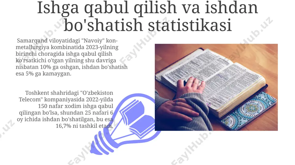 yuqori samaradorlik va kamroq stress darajasi bilan bog'liq. samarqand viloyatidagi filial xodimlarining so'rovnomalar natijalariga ko'ra, 30% ishchilar kompaniya qadriyatlarini shaxsiy hayot tamoyillariga mos kelmasligini ta'kidlashdi. kasbiy rivojlanish imkoniyatlari tahlili сурхондарё вилоятидаги корхонада ўтказилган сўровнома натижаларига кўра, ходимларнинг 30%и касбий ривожланиш имкониятлари етарли эмаслигини, 20%и эса мавжуд дастурлардан фойдаланмаслигини билдирган. тошкент шаҳридаги "алоқа" компанияси ходимларининг 75%и касбий ривожланиш дастурларида иштирок этиб, ўртача 15% иш самарадорлигини оширганликлари кузатилган. kasb va lavozimlar bo'yicha taqsimot 01 02 "nur" kompaniyasi (andijon) 500 nafar xodimi orasida kasblar bo'yicha quyidagi taqsimot kuzatiladi: 300 nafar mutaxassis, 100 nafar texnik va 100 nafar ishchi. sales 1st qtr 2nd qtr 100 0 sales 1st qtr 2nd qtr 100 0 korxonadagi stress darajasi tahlili samarqand viloyatidagi "zamin" korxonasida 2023-yil kuzida o'tkazilgan tadqiqotda, stressning asosiy sabablari sifatida 35% ish joyidagi norozilik, 25% esa maosh miqdori bilan bog'liqligi aniqlangan. toshkent shahridagi "innovatsiya" kompaniyasida o'tkazilgan so'rovnoma natijalariga ko'ra, xodimlar orasida stress darajasi 60% dan …