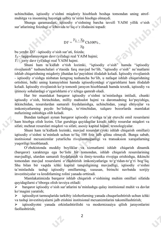 iqtisodiy o‘sish real miqdorlarda va qiyosiy baholarda o‘lchanadi. iqtisodiy o‘sishni yaim mutlaq hajmining ortishi orqali yoki aholi jon boshiga real yaim miqdorining ortishi orqali o‘lchash, baholashning qanday maqsadda amalga oshirilayotganiga bog‘liq bo‘ladi. odatda biron-bir mamlakat iqtisodiy o‘sishini yaim mutlaq hajmining ortishi orqali o‘lchash, uning iqtisodiy salohiyatini baholashda, aholi jon boshiga real yaim miqdorining ortishi orqali o‘lchash esa mamlakatdagi turmush darajasini taqqoslashda qo‘llaniladi. mamlakatning iqtisodiy o‘sish sur’atini tavsiflaydigan mazkur ko‘rsatkichlar (real yaim va aholi jon boshiga real yaimning o‘sishi) miqdoriy ko‘rsatkichlar bo‘lib, ular birinchidan, mahsulot sifatining oshishini to‘liq hisobga olmaydi va shu sababli aholi turmush darajasining haqiqiy o‘sishini to‘liq tavsiflab bera olmaydi; ikkinchidan, real yaim va aholi jon boshiga yaimning o‘sishi bo‘sh vaqtning sezilarli ko‘payishini aks ettirmaydi va aholi real turmush darajasining pasaytirib ko‘rsatilishiga olib keladi; uchinchidan, iqtisodiy o‘sishni miqdoriy hisoblash boshqa tomondan uning atrof-muhitga va insonning hayotiga salbiy ta’sirini hisobga olmaydi. shunga qaramasdan, iqtisodiy o‘sishning barcha tavsifi yaim yillik o‘sish …