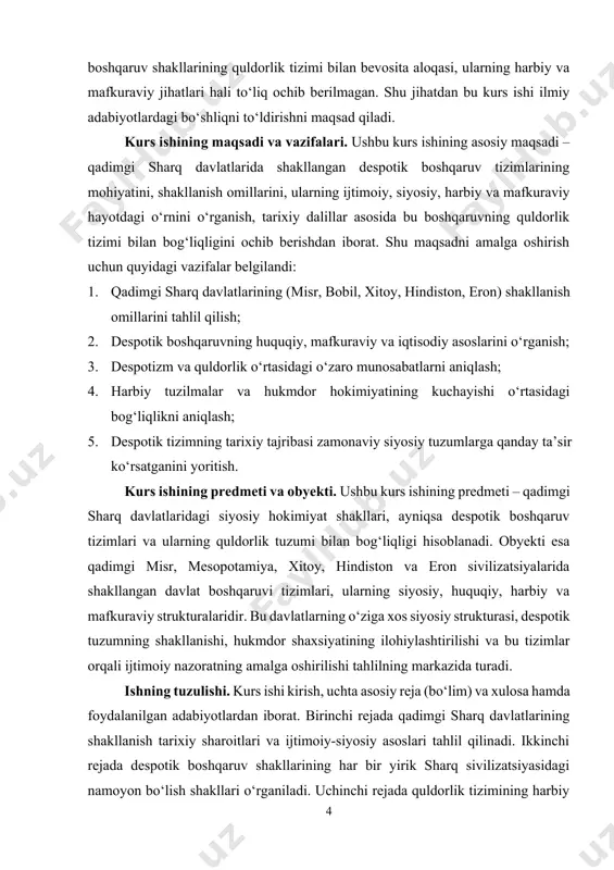 izohi mavzu bo‘yicha tushunchalarni izohlashda foydali bo‘ldi. adabiyotlar tahlili shuni ko‘rsatadiki, sharqdagi despotik tizimlar masalasi ko‘proq g‘arb va rus tarixshunosligida chuqur tadqiq etilgan, ammo o‘zbek tarixshunosligida bu mavzuga doir chuqur kompleks izlanishlar hali kam. shu bois bu kurs ishi mavjud ilmiy manbalarga tayangan holda mavzuni tizimli, qiyosiy va tarixiy-nazariy yondashuv asosida yoritishga intilgan. [1: урaков д.ж., турсунов р.н., бийкузиев а.а., хайназаров б.б. жаҳон тарихи: ўқув қўлланма. – тошкент: “инновация-зиё”, 2020. – 10, 12, 13, 14, 21, 23, 39, 40, 43, 48, 56-бетлар.] [2: л.б. қодирова. жаҳон сивилизациялари тарихи: ўқув-услубий қўлланма. – гулистон, 2015. – 37 б.] [3: а.м. ўзоқов, л.л. нуруллаев, т.т. назаров. ҳарбий тарих: ўқув қўлланма. – бухоро: “садриддин салим бухорий” дурдона нашриёти, 2022. – 12, 22, 32 - бeтлар] [4: миллер а.и. деспотизм и формы власти в восточных цивилизациях // вопросы истории. – 2009. – № 4. – с. 15–24.] [5: кондратьев к.а. теория восточного деспотизма: традиции и …