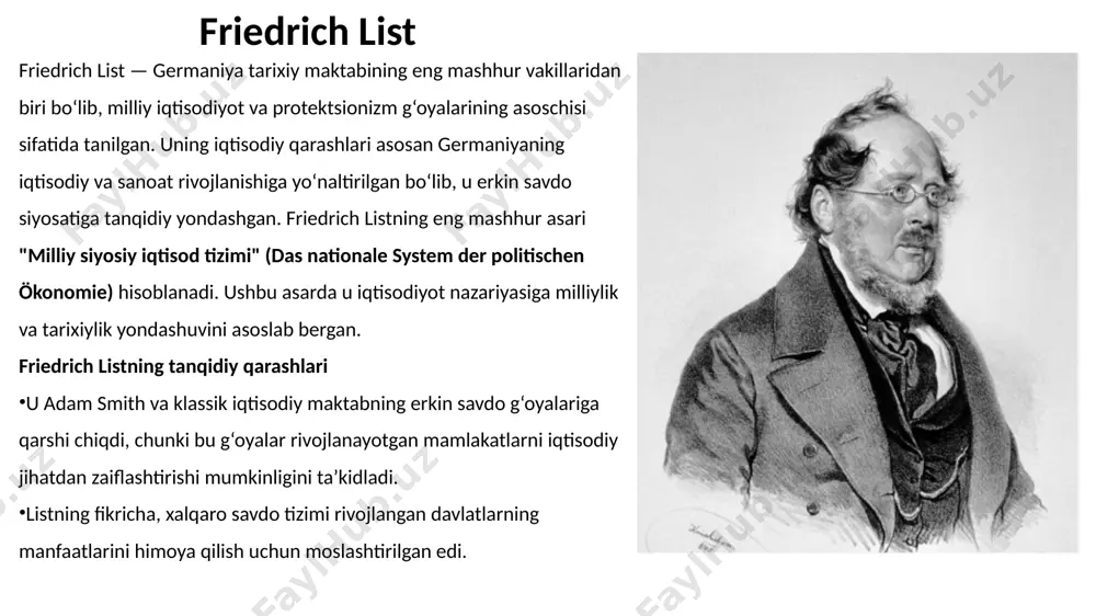 -quvvatlash tarafdori edi. 4. etik iqtisodiyot schmoller iqtisodiyot fanida axloqiy va etik qadriyatlarning muhimligini ta’kidladi. u iqtisodiyotning asosiy maqsadi jamiyatning farovonligini ta’minlash ekanligini aytdi. bu nuqtai nazar "etik iqtisodiyot" deb nom olgan schmoller falsafasining asosini tashkil qiladi gustav schmollerning asosiy g’oyalari max weber max weber — germaniya tarixiy maktabining asosiy vakili bo‘lmasa-da, uning g‘oyalari ushbu maktabning maqsad va yondashuvlariga yaqin bo‘lgan. u iqtisodiyotni sotsiologik yondashuv orqali o‘rganishga asos solgan va ijtimoiy jarayonlar, din va iqtisodiyot o‘rtasidagi aloqalarni chuqur tahlil qilgan olimdir. weberning ishlari nafaqat iqtisodiyot, balki sotsiologiya, siyosatshunoslik va falsafa sohalariga ham ta’sir ko‘rsatgan. max weber bir qator muhim asarlarni yozgan, ulardan eng mashhurlari: "protestant etikasi va kapitalizm ruhi" "iqtisodiyot va jamiyat" (wirtschaft und gesellschaft) — bu asar weberning eng muhim ishlari hisoblanadi, unda u iqtisodiyot, davlat, din va jamiyat o‘rtasidagi o‘zaro munosabatlarni o‘rganadi. "ijtimoiy va iqtisodiy tashkilotlar haqida tadqiqotlar" weberning tanqidiy qarashlari weber karl marksning iqtisodiy determinizm nazariyasini tanqid …
