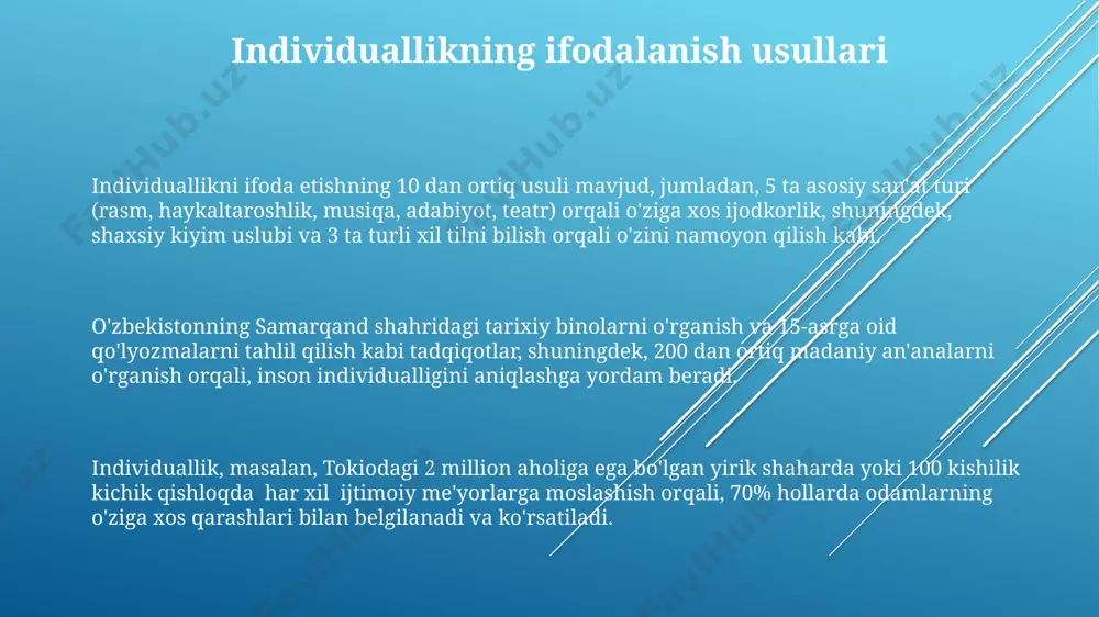, individualizmning yuqori darajalarini namoyon qilish imkoniyatini 2-3 baravar oshiradi, bu erda an'anaviy qadriyatlar va jamoaviylik hali ham kuchli ta'sir ko'rsatadi. shaxs tushunchasi shaxsning individualligi 20-asrning ikkinchi yarmida, g'arb mamlakatlarida psixologiya sohasida rivojlangan individualizm g'oyalarining ta'siri ostida shakllangan tushuncha bo'lib, u erkinlik va mustaqillik kabi qadriyatlarni o'z ichiga oladi. o'zbekistonning samarqand shahri kabi tarixiy joylarda shaxs tushunchasi avlodlar davomida 5 asrdan ortiq vaqt davomida rivojlanib, o'zgarganini ko'rish mumkin, bu jarayon madaniy an’analar va ijtimoiy tuzumlarning o'zgarishiga bog'liqdir. shaxs tushunchasi falsafa, psixologiya va sotsiologiya kabi 3 ta turli fan sohalarida o'rganiladi, har bir sohada turlicha yondashuv va 10 dan ortiq ta’riflar mavjud bo'lib, ularning barchasi shaxsning ijtimoiy-madaniy muhitga bog'liqligini ko'rsatadi. individuallikni rivojlantirish usullari shaxsiy rivojlanishning 5 bosqichli modeli, maslowning ehtiyojlar ierarxiyasi asosida, individuallikni rivojlantirishda 3-bosqichga – ijtimoiy ehtiyojlarga – e’tibor qaratib, samarqanddagi treninglar orqali o‘ziga ishonchni oshirishga yordam beradi. individuallikni rivojlantirishda o‘z-o‘zini anglashga qaratilgan 7 ta mashq, shu jumladan, kundalik jurnal …