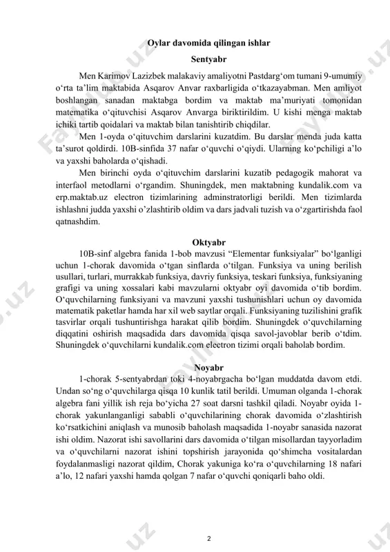 qisqa 10 kunlik tatil berildi. umuman olganda 1-chorak algebra fani yillik ish reja bo‘yicha 27 soat darsni tashkil qiladi. noyabr oyida 1-chorak yakunlanganligi sababli o‘quvchilarining chorak davomida o‘zlashtirish ko‘rsatkichini aniqlash va munosib baholash maqsadida 1-noyabr sanasida nazorat ishi oldim. nazorat ishi savollarini dars davomida o‘tilgan misollardan tayyorladim va o‘quvchilarni nazorat ishini topshirish jarayonida qo‘shimcha vositalardan foydalanmasligi nazorat qildim, chorak yakuniga ko‘ra o‘quvchilarning 18 nafari a’lo, 12 nafari yaxshi hamda qolgan 7 nafar o‘quvchi qoniqarli baho oldi. 1-chorak yakuni bo‘yicha hisobot dekabr noyabr va dekabr oylarida ya’ni 10 - noyabrdan 27 – dekabrgacha algebra fanidan 2-chorak bo‘yicha 21 soat dars ajratilgan. 2-bobda “ratsional tenglamalar” hamda “irratsional tenglamalar” bo‘limida “ratsional tenglamalar”, “ratsional tenglamalar sistemasi”, “ratsional tengsizliklar”, “ratsional tengsizliklar sistemasi”, “irratsional tenglamalar” va “irratsional tenglamalar sistemasi” hamda “xatolar ustida ishlash” kabi mavzular o‘rin olgan. 2 – chorakda o‘quvchilarni bilimini oshirish hamda fanga nisbatan qiziqishini ortirish maqsadida turli xil animatsiya hamda multimedia vositalaridan foydalandim. …