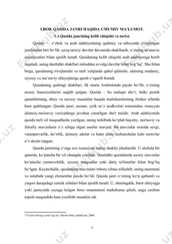 ag‘ishlanishi mumkin edi. qasida janri butun sharq she’riyatining yuzaga kelishida, uning estetikasi va poetik ifodalarini rivojlantirishda muhim rol o‘ynadi. uning tarixini o‘rganish nafaqat adabiyotshunoslik, balki tarix, falsafa, siyosat va madaniyat sohalarini ham o‘z ichiga oladi. qasida janri, uning shakl va mazmun jihatidan turli xalqlarda o‘zgacha, lekin umuman bir butun sifatida sharq madaniyatining bir qismiga aylanib, o‘zining avvalgi shaklini saqlab qolgan. bundan tashqari, qasida janrining o‘rni nafaqat adabiyotda, balki musiqada ham katta ahamiyatga ega. sharq musiqasida qasida ohanglari va poetik tavsiflari tez-tez qo‘llaniladi. o‘zbek she’riyatida, ayniqsa, navoiyning asarlarida qasidaning yuqori poetik va musiqiy qiymati ta'kidlanadi. uning o‘ziga xos ritmi va struktura talablari, shuningdek, tarbiyaviy va ma’naviy ruhiyatni ko‘rsatishdagi muvaffaqiyatlari uni sharq adabiyotining ajralmas qismi qilib qo‘yadi. shu tariqa, qasida janri nafaqat arab she’riyatida, balki turli xalqlarning adabiyotida, ayniqsa, o‘zbek adabiyotida ham alohida o‘rin tutadi. uning tarixi va rivojlanishi, asosan, o‘sha davrda yashagan buyuk shoirlarning asarlari bilan bog‘liqdir. bu janrning shakli va …
