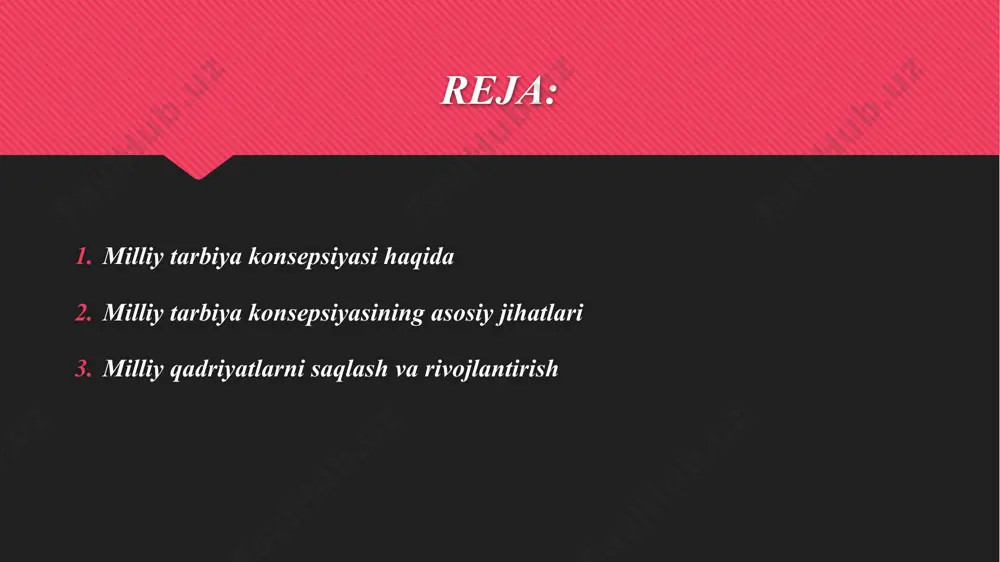 kni shakllantirish. sog‘lom turmush tarzi va sport bilan shug‘ullanishni rag‘batlantirish. jamiyatga foydali bo‘lish, ijtimoiy mas’uliyat va fuqarolik ko‘nikmalarini rivojlantirish. asosiy tamoyillari: milliy qadriyatlar asosida tarbiya: yoshlar tarbiyasi o‘zbek milliy an’analar, urf-odatlar va tarixiy merosga tayangan bo‘lishi kerak. axloqiy va ma’naviy rivojlanish: har bir shaxsning axloqiy fazilatlarini rivojlantirish – tarbiyaviy jarayonning markazida turadi. bilim va ma’rifatni rivojlantirish: ta’limning mazmuni va shakllari yoshlarning bilim darajasiga mos bo‘lishi lozim. sog‘lom va faol hayot tarzini rag‘batlantirish: jismoniy tarbiya va sport orqali sog‘lom shaxslarni tarbiyalash. jamiyatga moslashuv va ijtimoiy faoliyat: yoshlarni jamiyatda faol, mas’uliyatli va foydali shaxs sifatida shakllantirish. milliy tarbiya konsepsiyasining mazmuni: ma’naviy-axloqiy tarbiya: vatanparvarlik, halollik, mehr-oqibat, hurmat, odob-axloq me’yorlarini o‘rgatish. madaniy-ma’rifiy tarbiya: milliy adabiyot, san’at, tarix, urf-odatlar bilan tanishtirish, ona tilini rivojlantirish. intellektual tarbiya: mustaqil fikrlash, mantiqiy tafakkur, ijodkorlik va innovatsion ko‘nikmalarni rivojlantirish. jismoniy tarbiya: sog‘lom turmush tarzi, sport, harakatlilik va salomatlikni mustahkamlash. ijtimoiy va fuqarolik tarbiyasi: jamiyat me’yorlariga rioya qilish, mas’uliyat va …