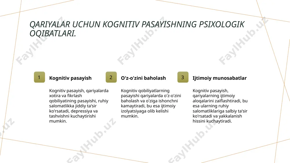 tizimi mavjud bo'lib, bu ularning hayot sifatini oshirish va zaruriy ehtiyojlarini qondirishga qaratilgan. 3 qonuniy kafolatlar qariyalar huquqlarini himoya qilish uchun o'zbekistonda bir qator qonunlar va me'yoriy hujjatlar ishlab chiqilgan, bu esa ularning xavfsizligini ta'minlaydi. xulosa qariyalar ruhiy salomatligi qariyalar ruhiy salomatligi muhim masala bo'lib, ularning kognitiv va emosional holatlari jamiyatda ijtimoiy hayotga ta'sir qiladi. o'zbek jamiyatidagi muammolar o'zbek jamiyatida qariyalar ruhiy salomatligi bilan bog'liq muammolar ko'p, ularga ijtimoiy izolyatsiya va adolatli xizmatlar yetishmasligi kiradi. ruhiy salomatlikni saqlash qariyalarni ruhiy salomatligini saqlash uchun sog'liqni saqlash tizimida amaliyotlarni takomillashtirish va jamoatchilikni xabardor qilish zarur. e'tiboringiz uchun rahmat! /docprops/thumbnail.jpeg