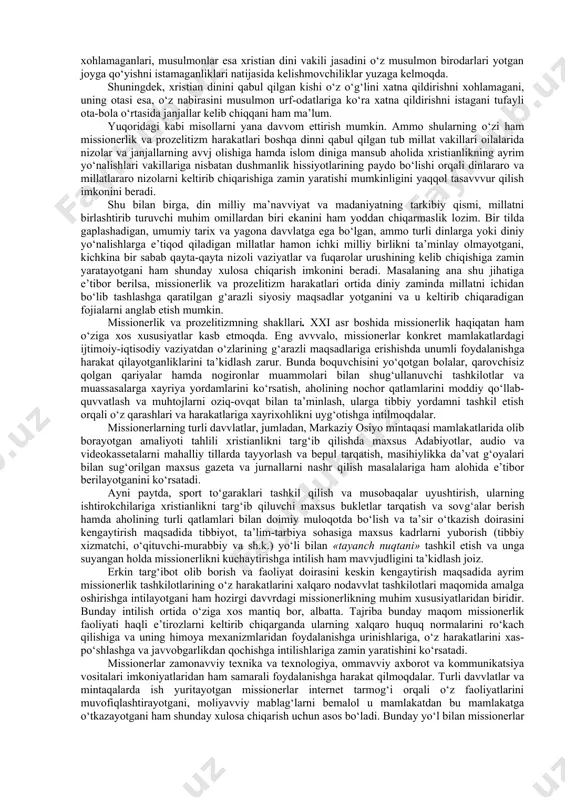 onerlari afrikada faoliyatlarini kuchaytirdilar va o‘z mamlakatlarining siyosatini o‘tkazishga yordam berdilar. yuqoridagi ma’lumotlar ham missionerlik o‘z tarixiga ega ekanini ko‘rsatadi. shunday bo‘lsada, xristian diniy tashkilotlari tomonidan olib borilayotgan missionerlik harakati bugungi kungacha ko‘pdan-ko‘p bahslarga sabab bo‘lmoqda. zero, hozirgi davvrda jahon aholisining mutlaq ko‘pchiligi o‘z diniga, aksariyat hollarda yakkaxudolikka ega bo‘lgan davvrda «missionerlik» salbiy bir holatga aylanib qolganini ta’kidlash zarur. ayni paytda, «missionerlik» tushunchasining o‘zi turlicha talqin etilayotganini ham qayd etish lozim. xususan, protestant diniy tashkilotlari «missionerlik» so‘zini inkor etadilar va o‘z faoliyatlarini «evangellashtirish» tushunchasi bilan izohlashga harakat qiladilar. buni ular bibliyaning tarkibiy qismi bo‘lgan avvliyo markdan kelgan evangeliyadagi xristianlar uchun jahon uzra o‘z dinlarini barcha xalqlarga etkazish zarurligi to‘g‘risidagi ko‘rsatmaning bajarilishi sifatida taqdim etadilar. shu o‘rinda bir holatga e’tibor qaratish zarur. bibliyaning muqaddas kitobligini hech kim inkor etmaydi. shu bilan birga, unda qayd etilgan yuqoridagiga o‘xshash fikrlarning aynan bibliya yozilgan davvr uchun to‘g‘ri kelishligini ayrim xristian diniy tashkilotlari tushunishni xohlamayotganliklarini …